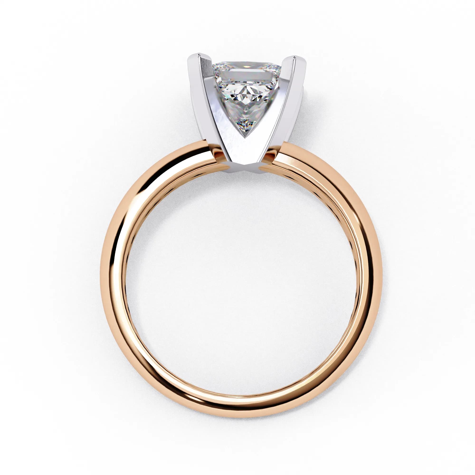 Princess cut lab grown diamond knife-edge solitaire engagement ring in rose gold, through-finger view