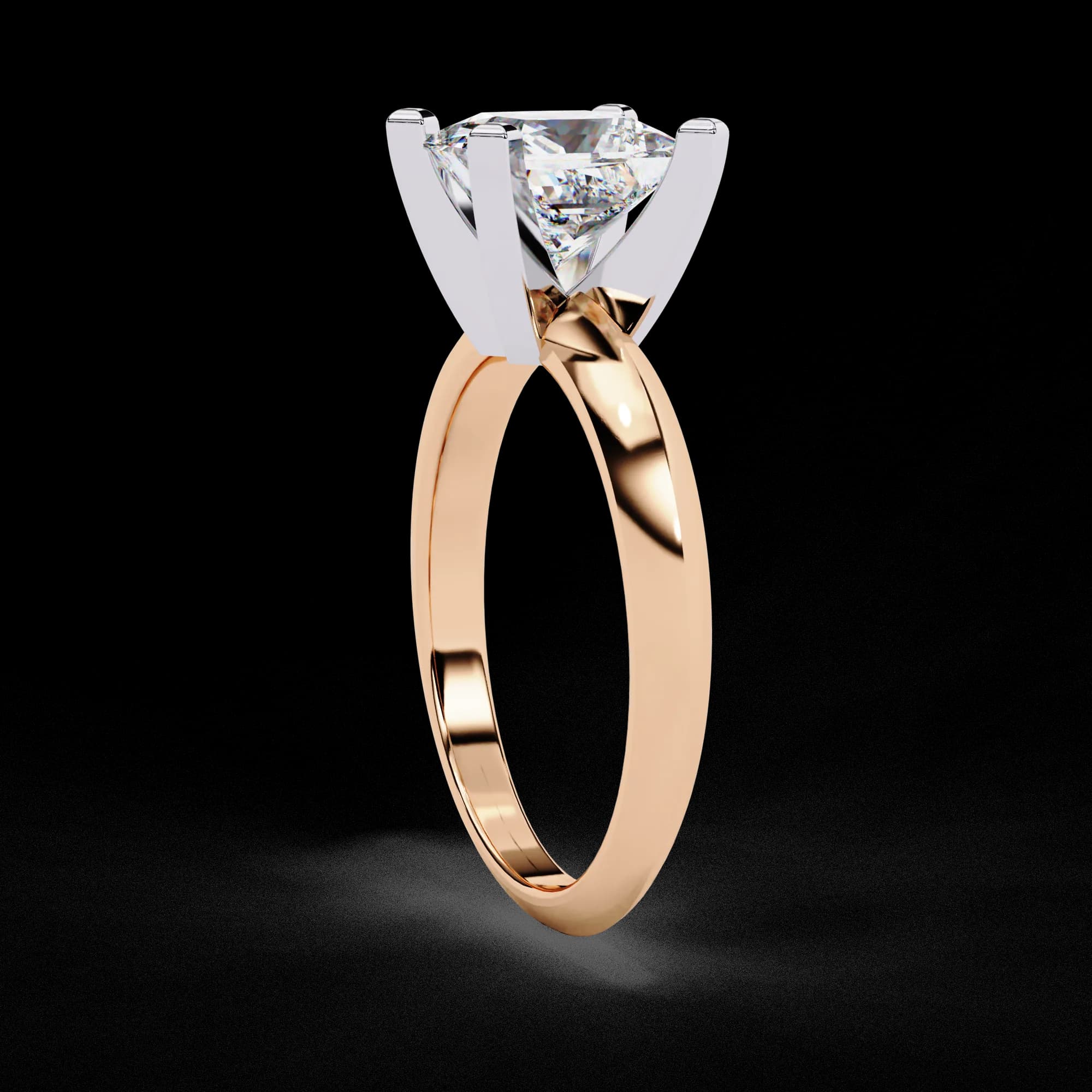 Princess cut lab grown diamond knife-edge solitaire engagement ring in rose gold, side profile view