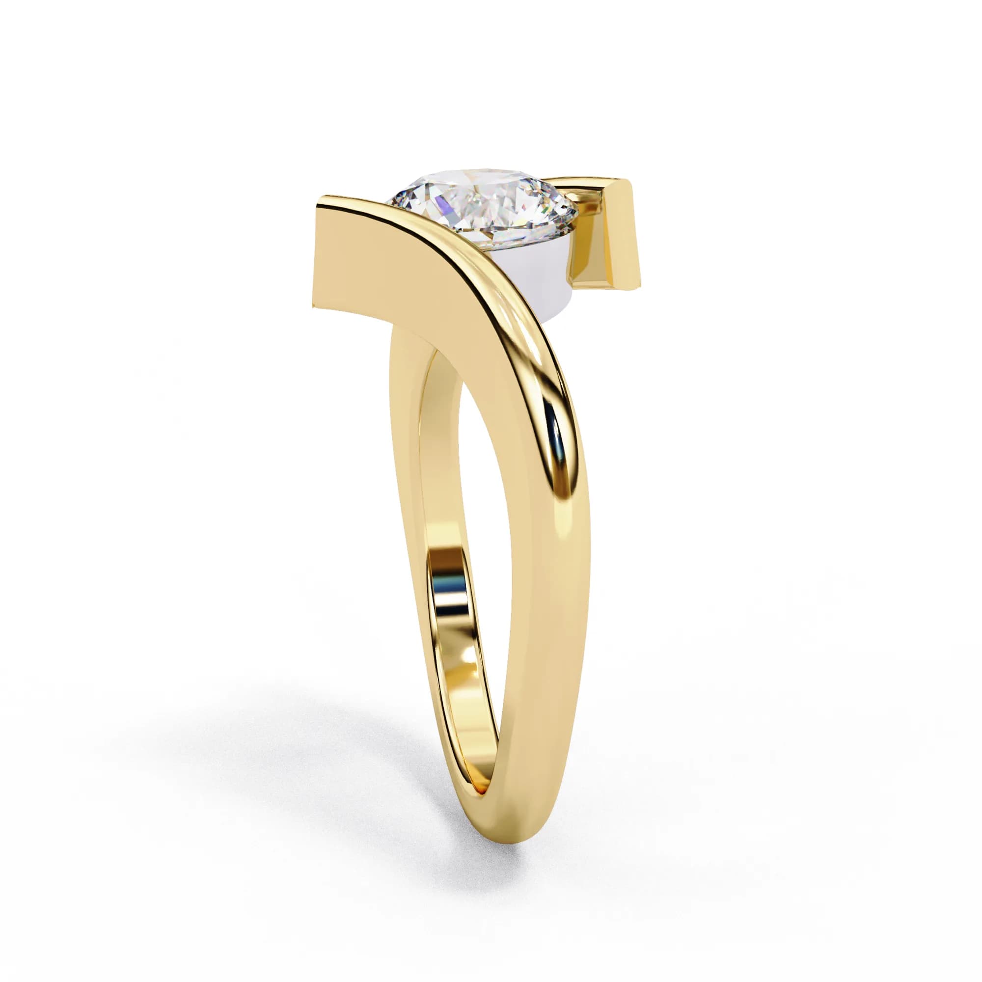 Round lab grown diamond tension-style bypass engagement ring in yellow gold, side profile view