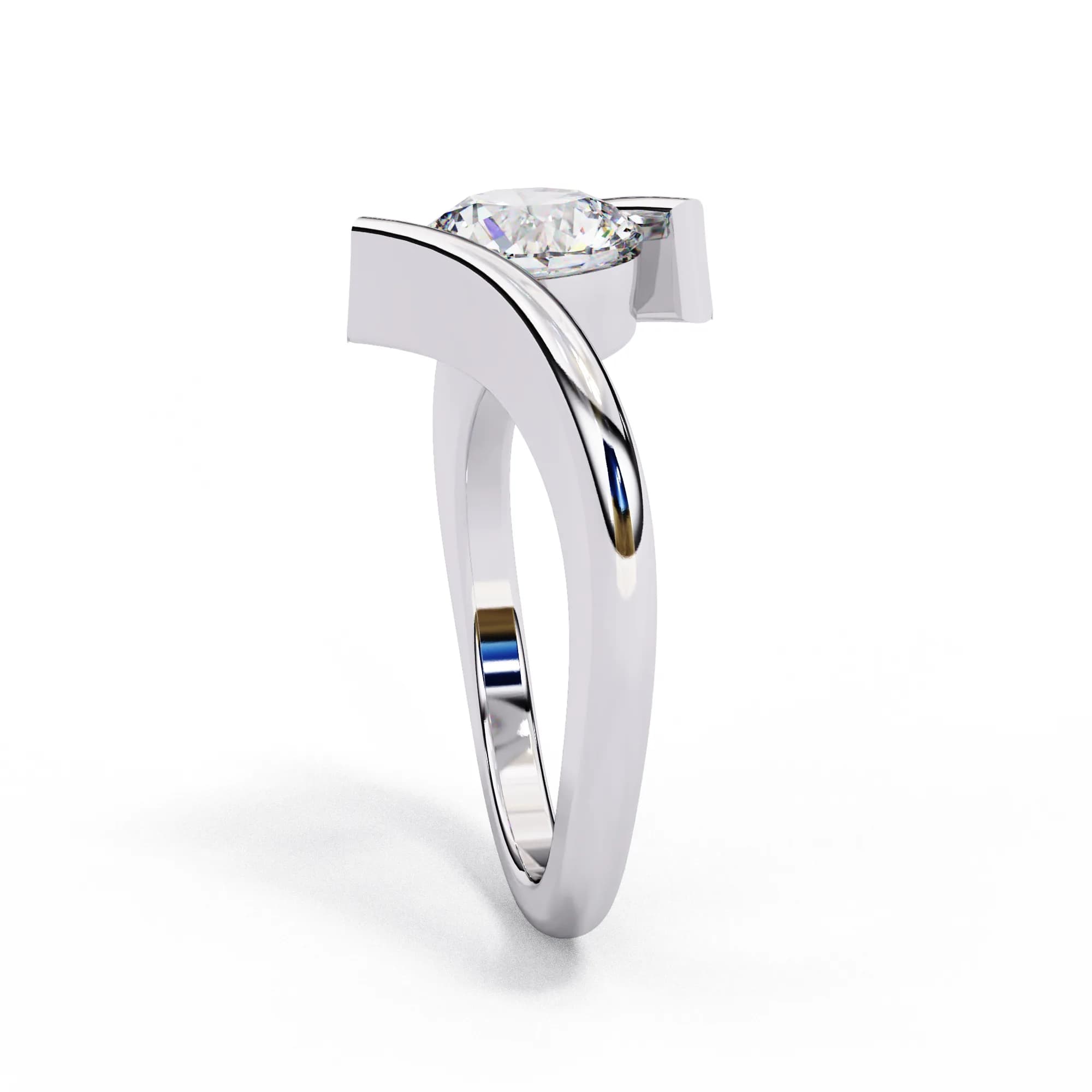 Round lab grown diamond tension-style bypass engagement ring in white gold, side profile view