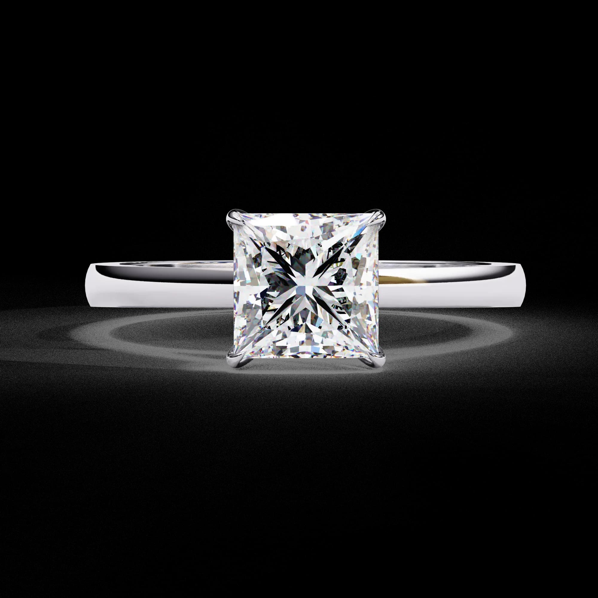 Princess cut lab grown diamond cathedral solitaire engagement ring in white gold, front view