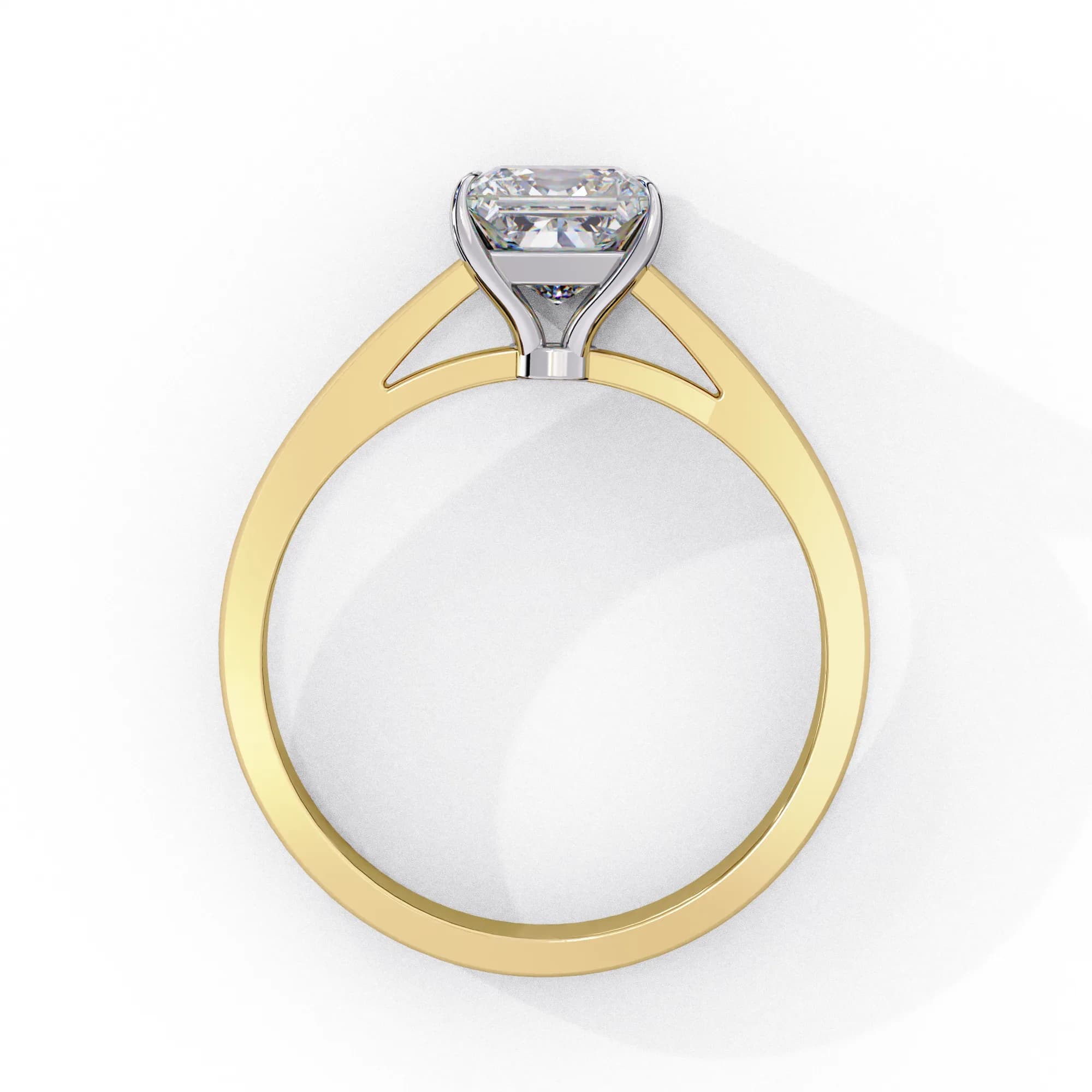 Princess cut lab grown diamond cathedral solitaire engagement ring in yellow gold, through-finger view