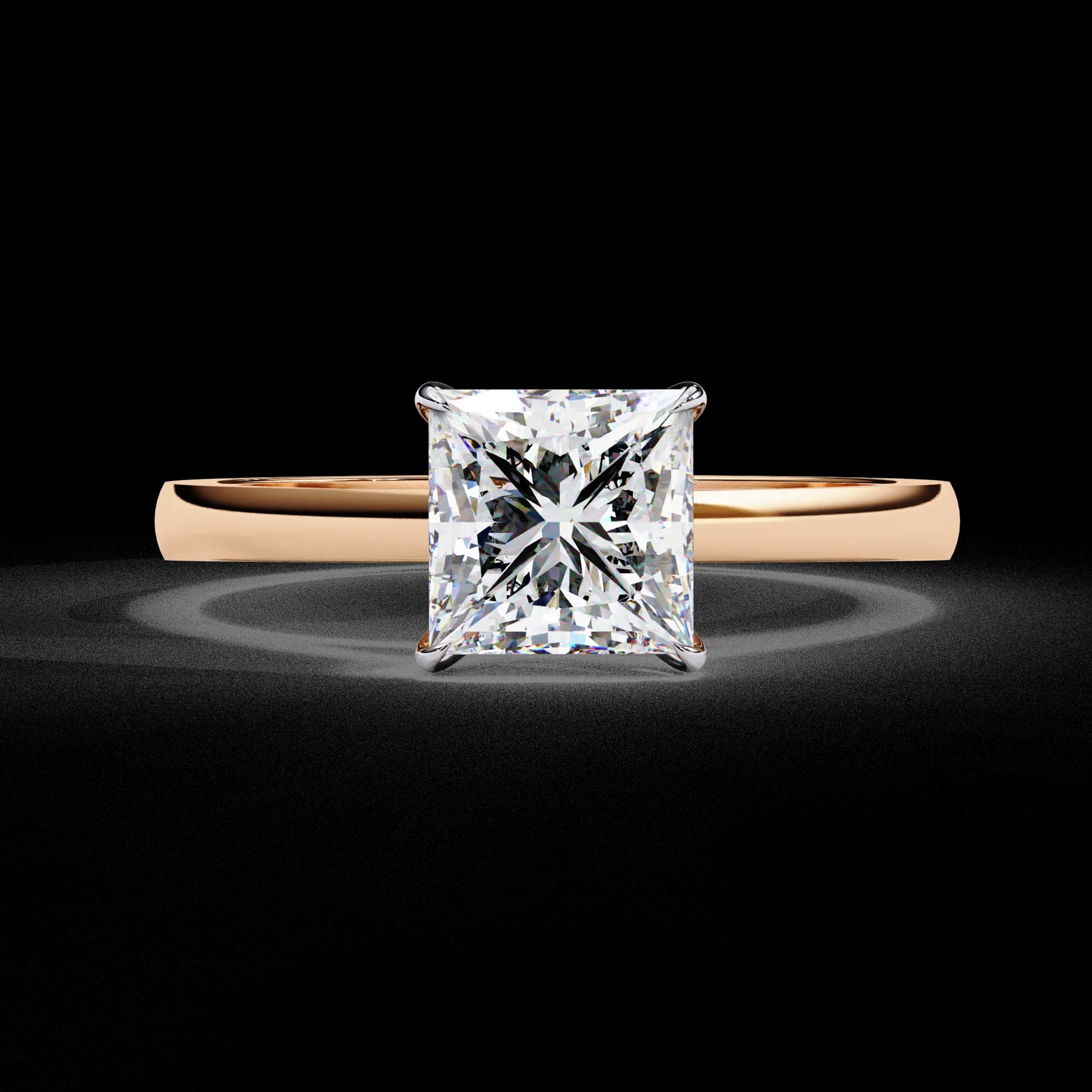 Princess cut lab grown diamond cathedral solitaire engagement ring in rose gold, front view