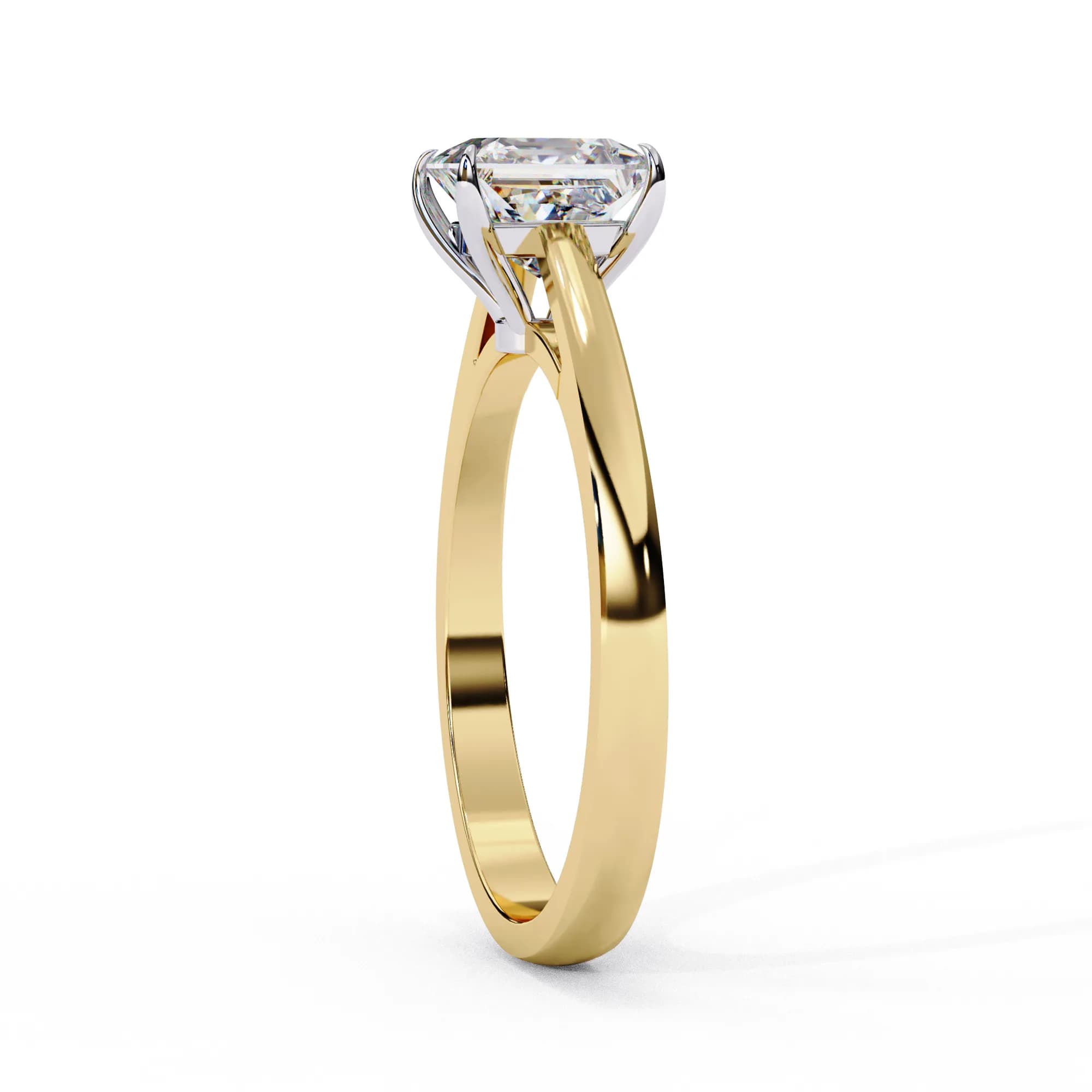 Princess cut lab grown diamond cathedral solitaire engagement ring in yellow gold, side profile view
