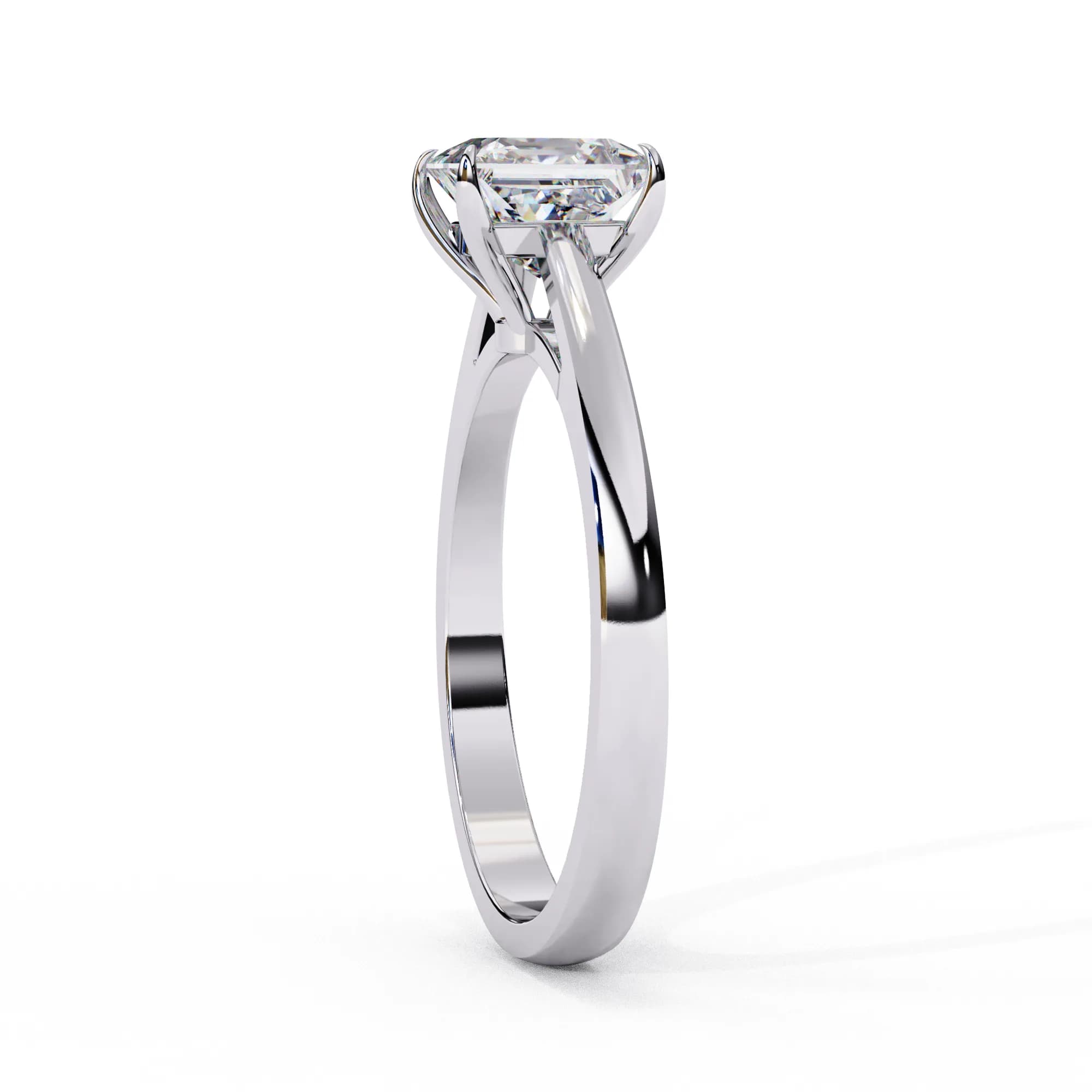 Princess cut lab grown diamond cathedral solitaire engagement ring in white gold, side profile view