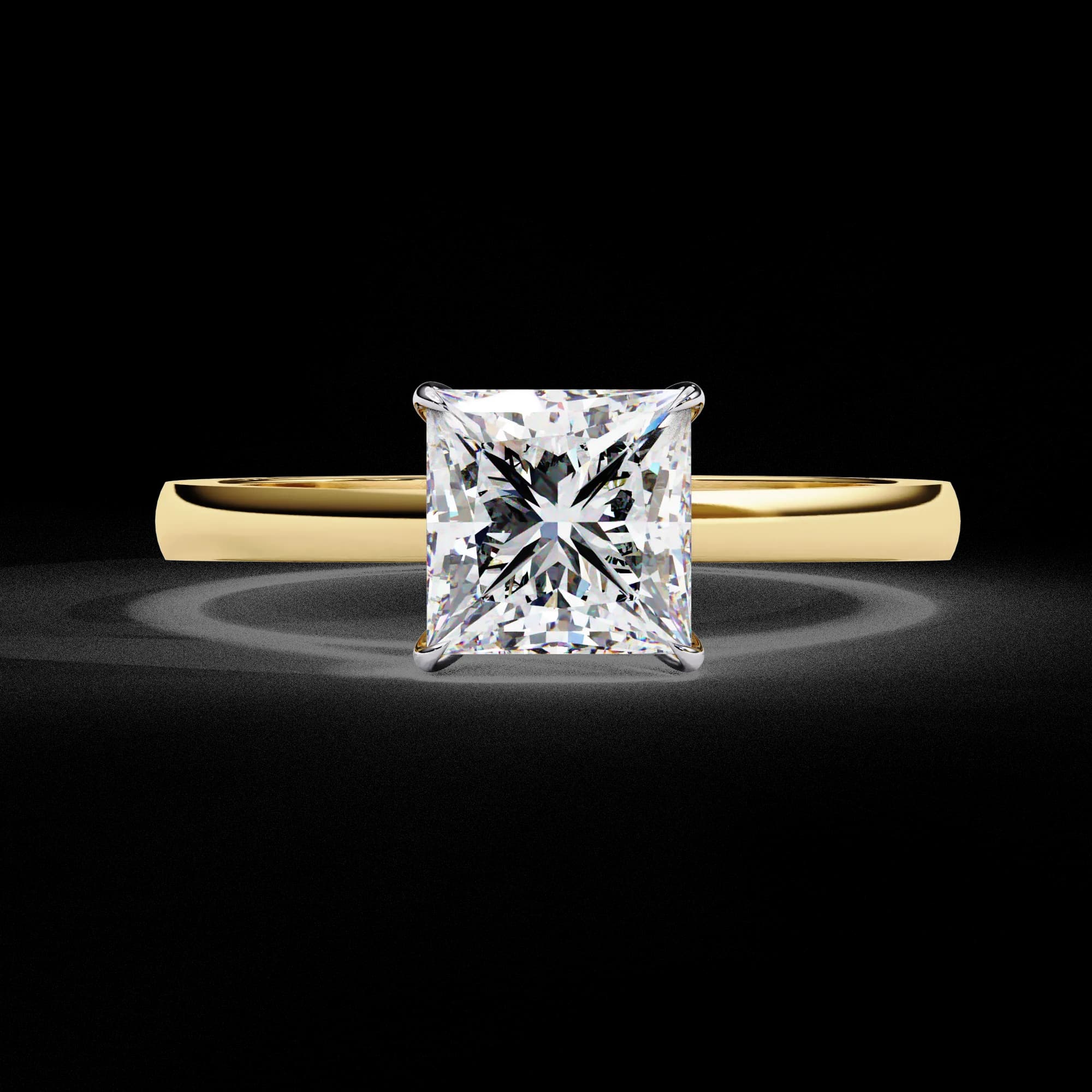 Princess cut lab grown diamond cathedral solitaire engagement ring in yellow gold, front view