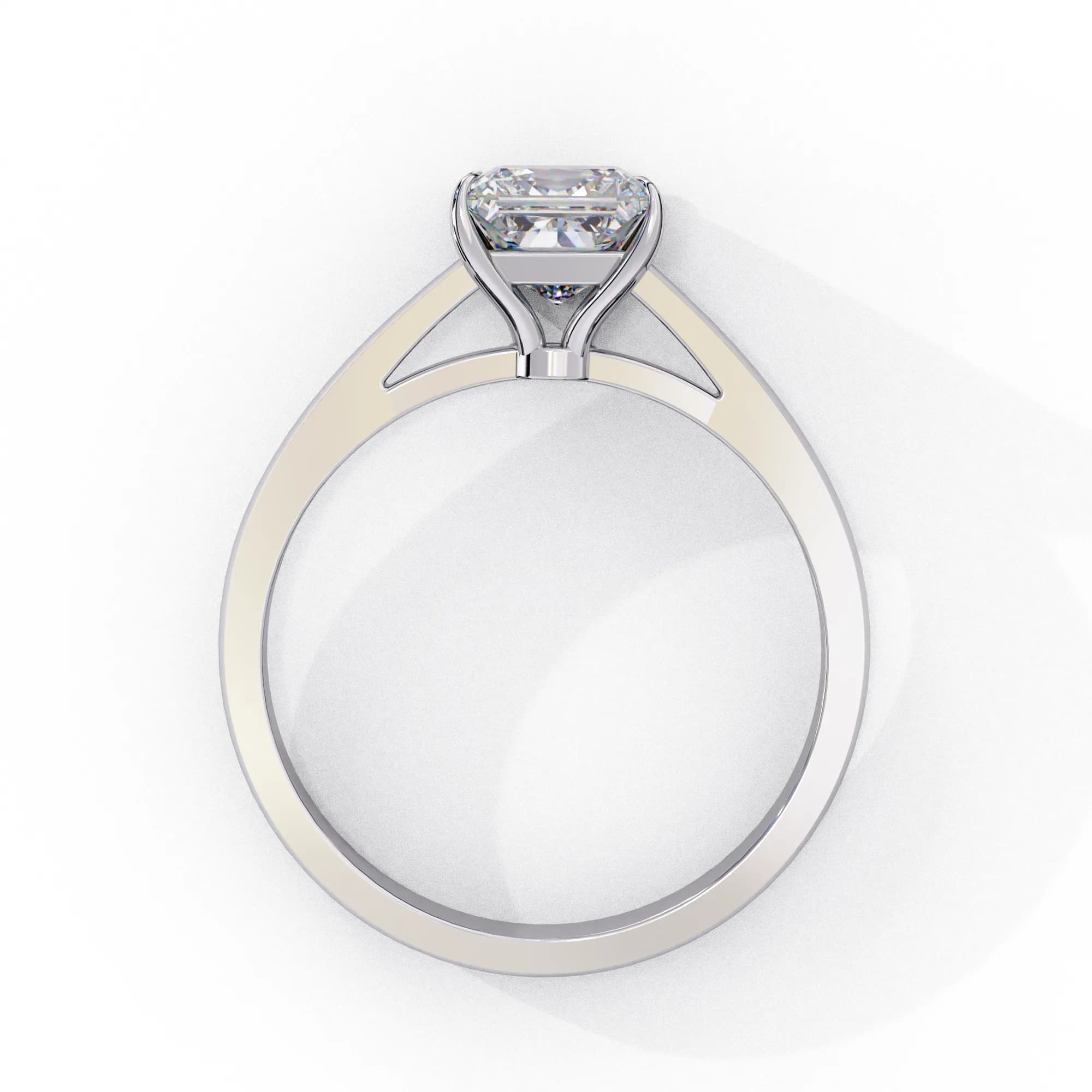 Princess cut lab grown diamond cathedral solitaire engagement ring in white gold, through-finger view
