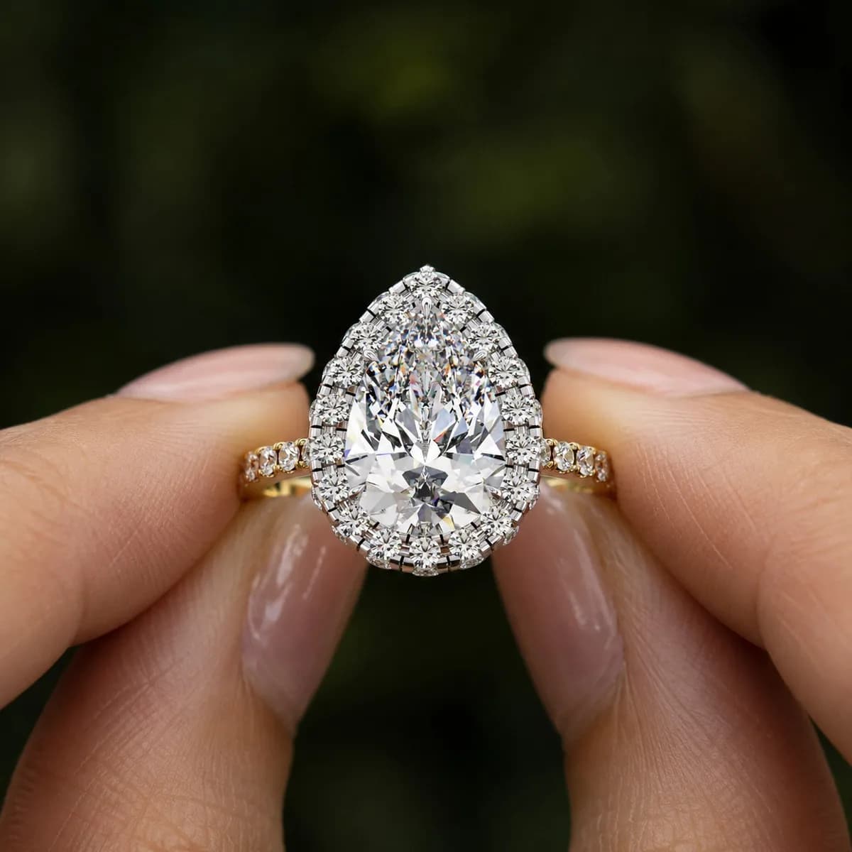 Pear cut lab grown diamond halo engagement ring with pavé band in yellow gold held between fingertips