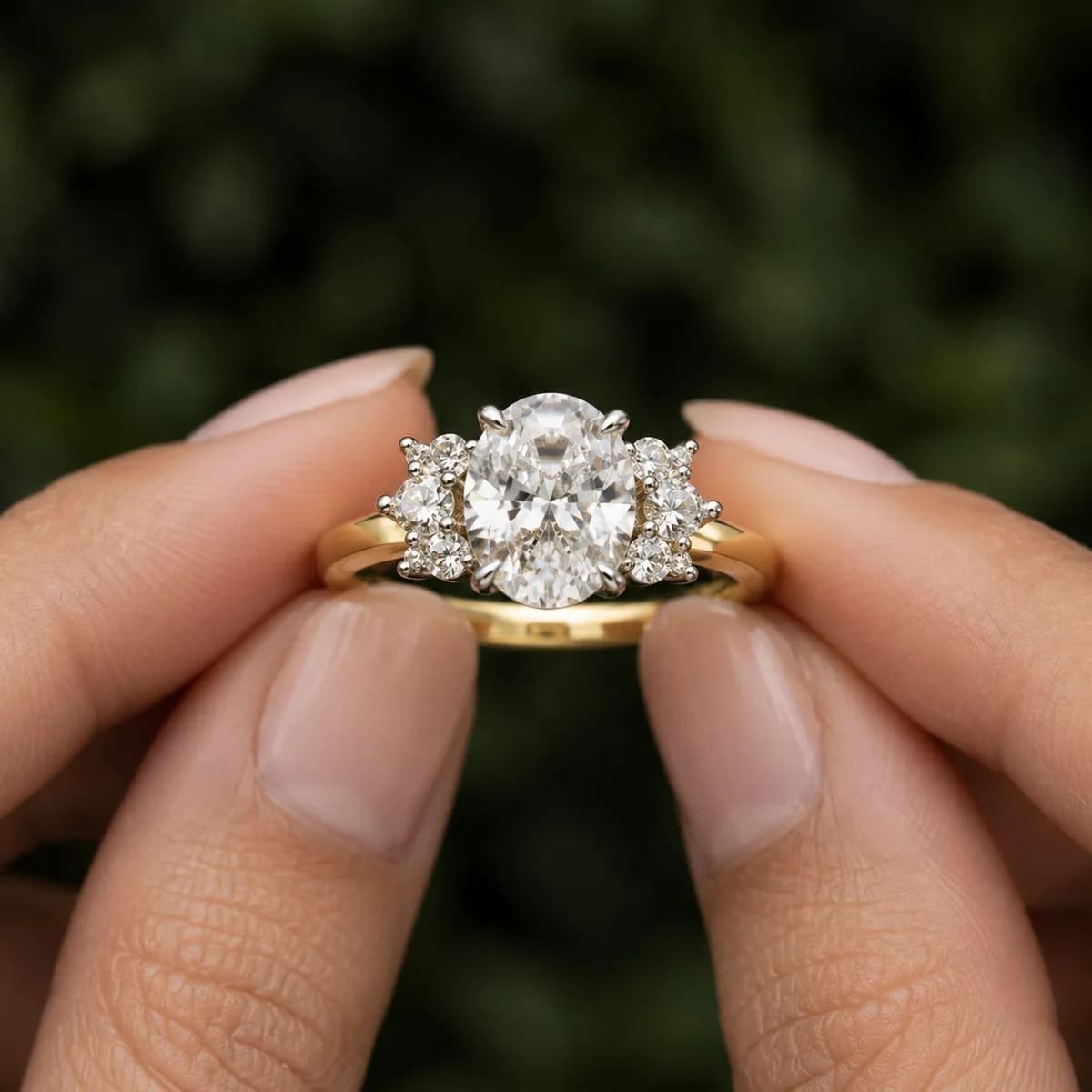 Oval lab grown diamond cluster engagement ring in yellow gold held between fingertips