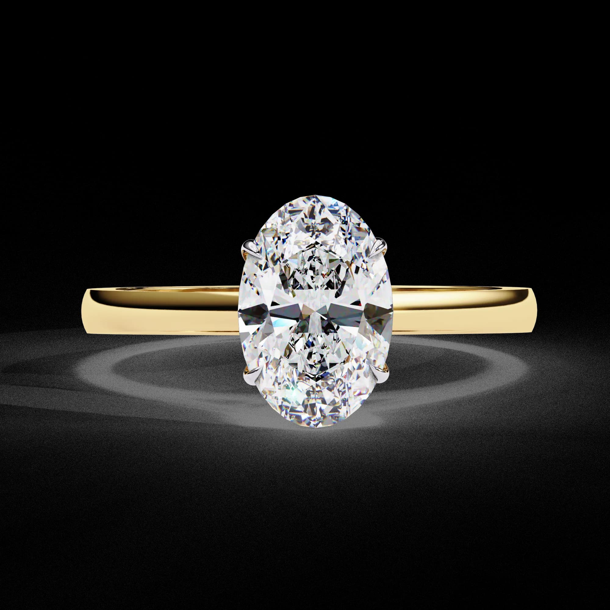 Oval lab grown diamond cathedral solitaire engagement ring in yellow gold, front view