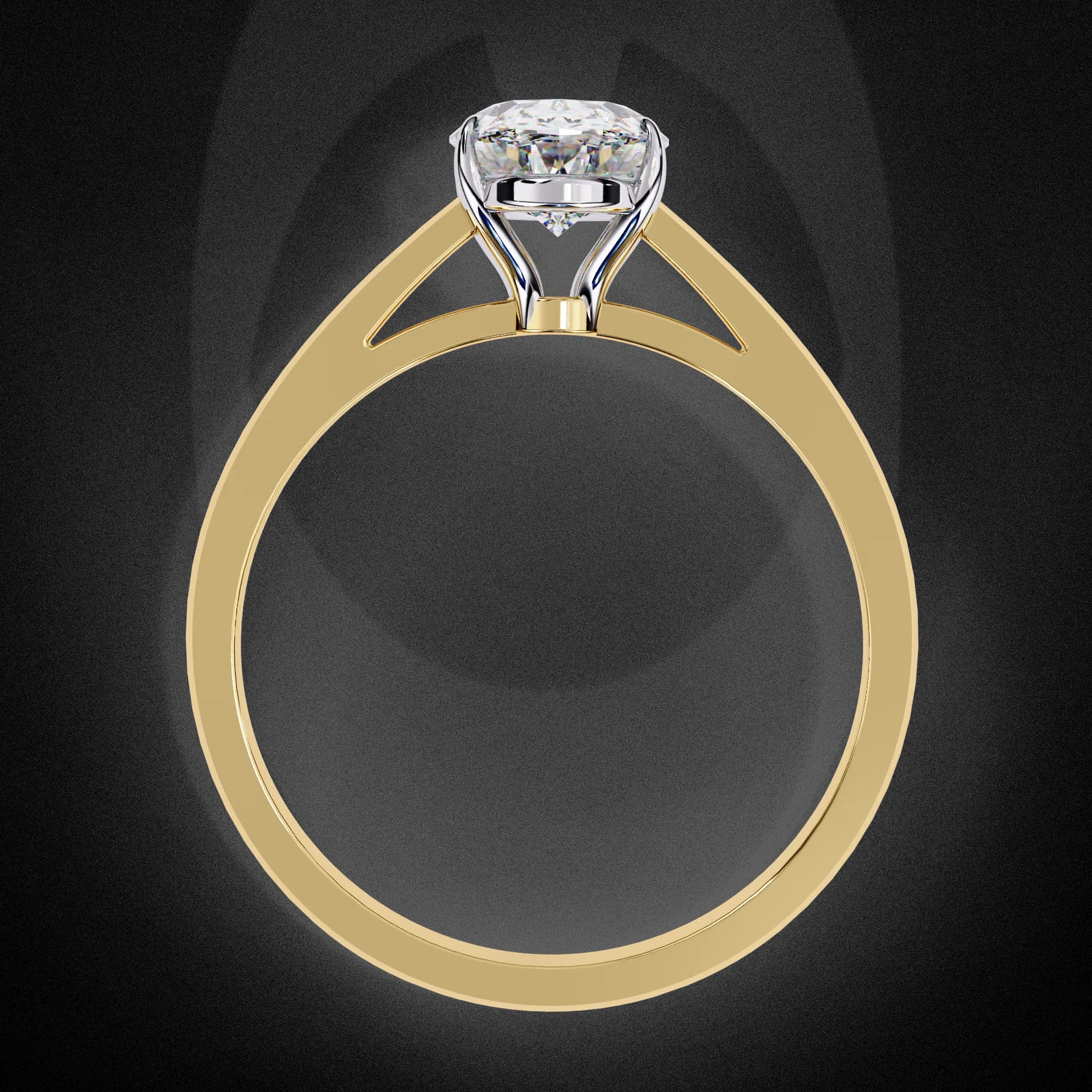 Oval lab grown diamond cathedral solitaire engagement ring in yellow gold, through-finger view