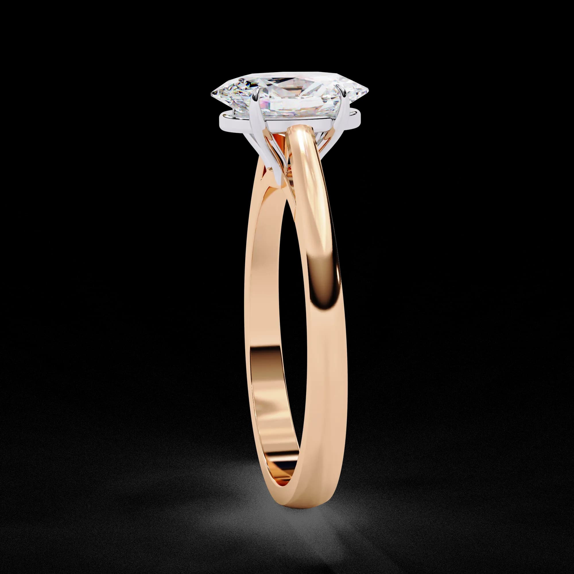 Oval lab grown diamond cathedral solitaire engagement ring in rose gold, side profile view