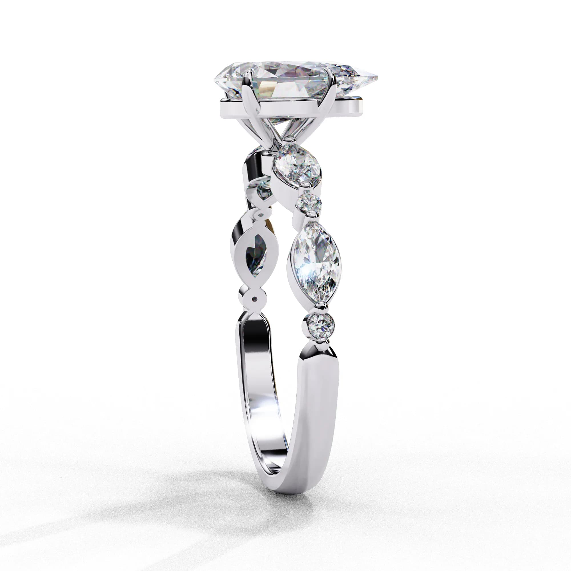 Pear cut lab grown diamond marquise side stone engagement ring in white gold, side profile view