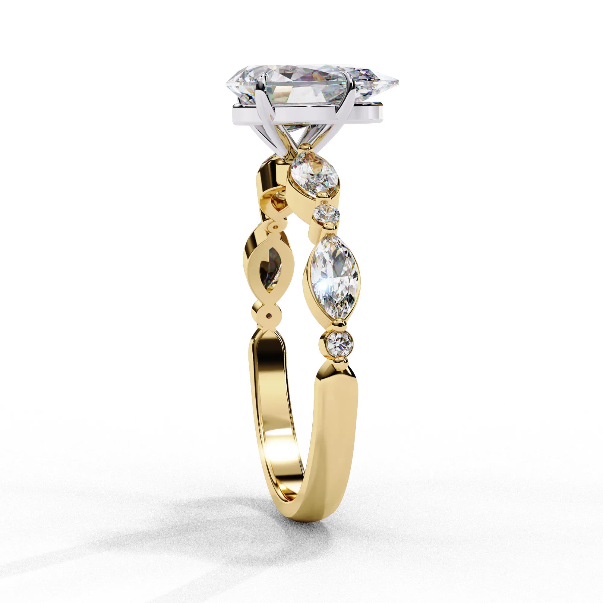 Pear cut lab grown diamond marquise side stone engagement ring in yellow gold, side profile view
