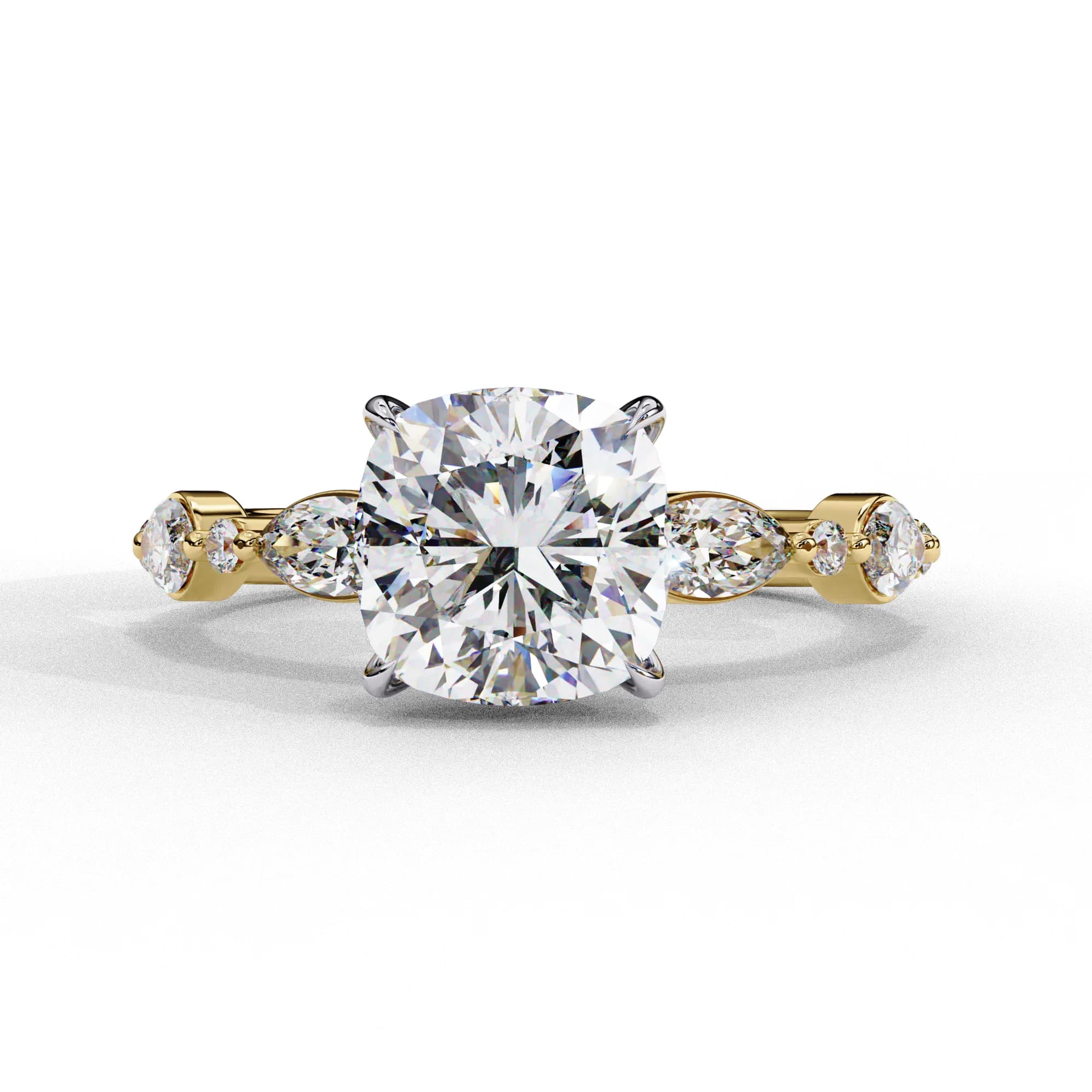 Cushion cut lab grown diamond engagement ring with marquise accents in yellow gold, front view