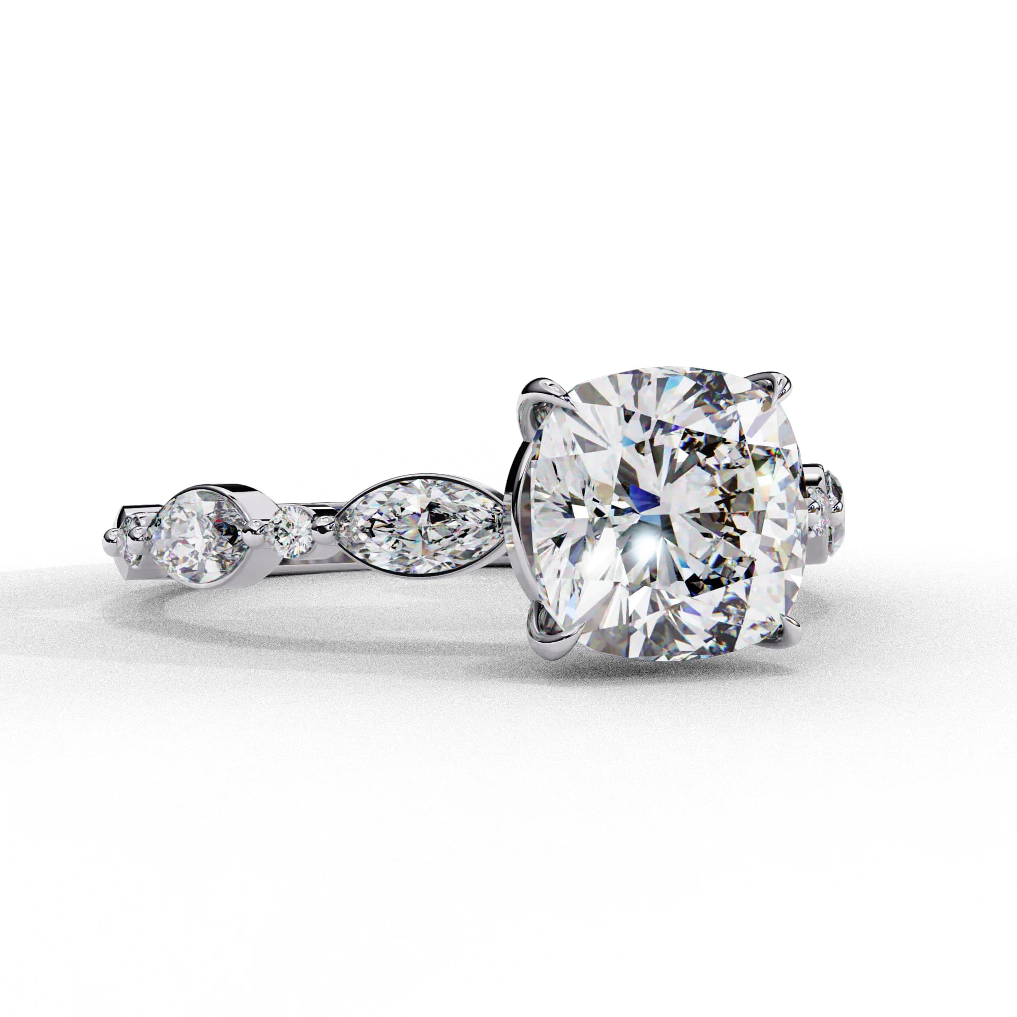 Cushion cut lab grown diamond engagement ring with marquise accents in white gold, low side view