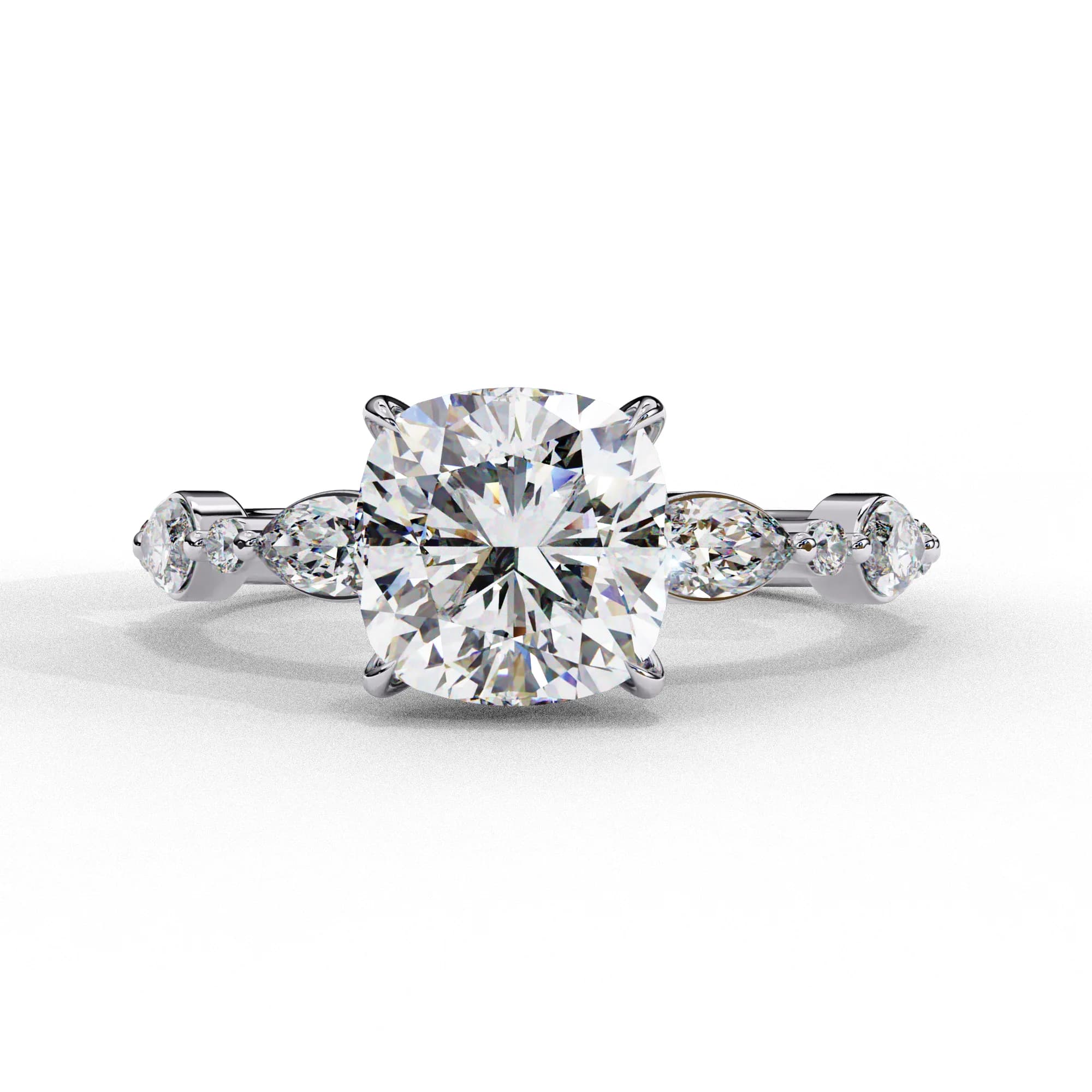 Cushion cut lab grown diamond engagement ring with marquise accents in white gold, front view