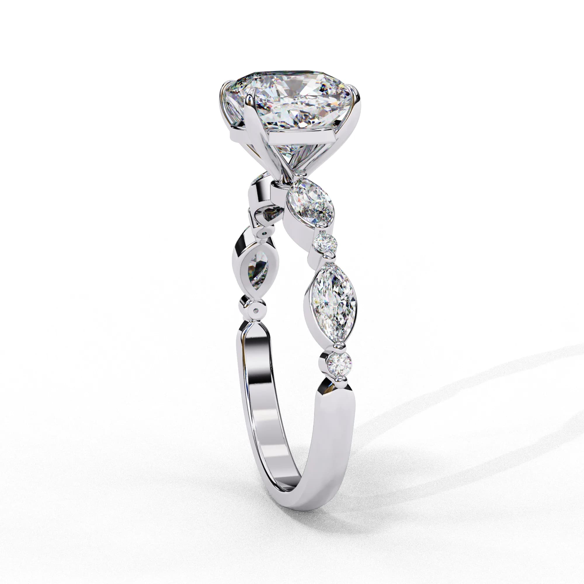 Cushion cut lab grown diamond engagement ring with marquise accents in white gold, profile view
