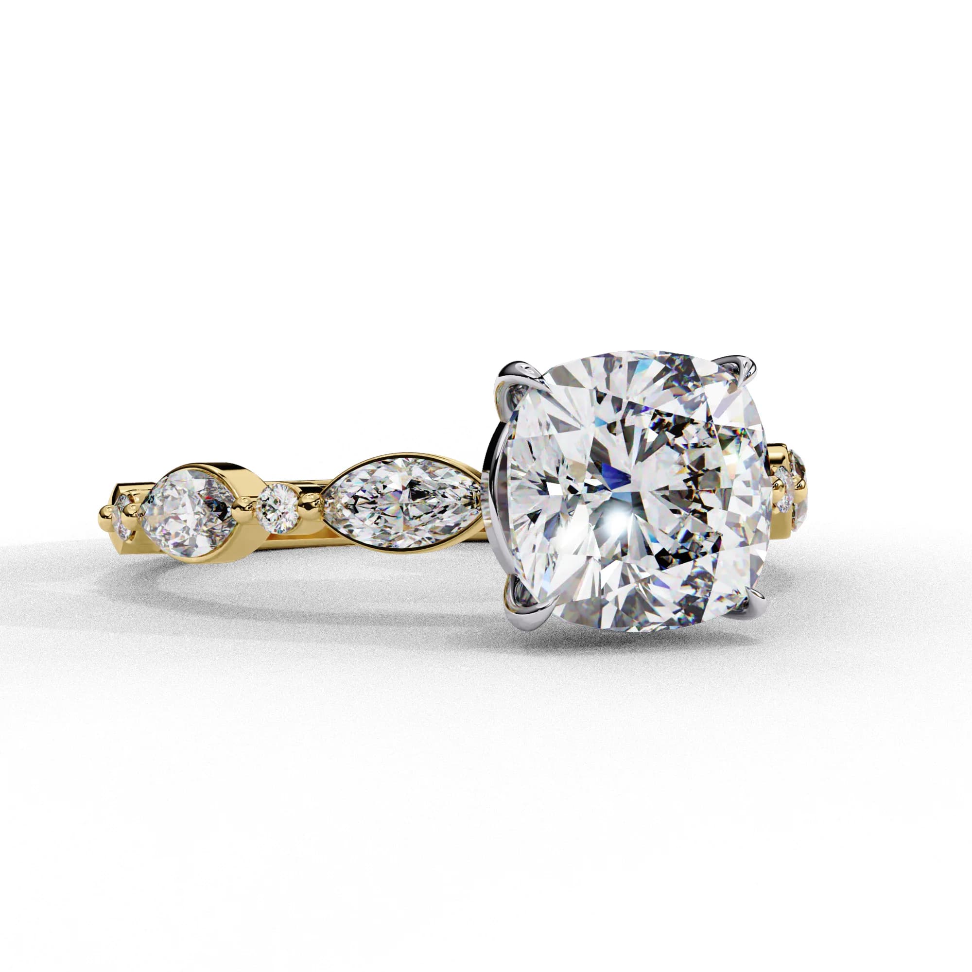 Cushion cut lab grown diamond engagement ring with marquise accents in yellow gold, low side view