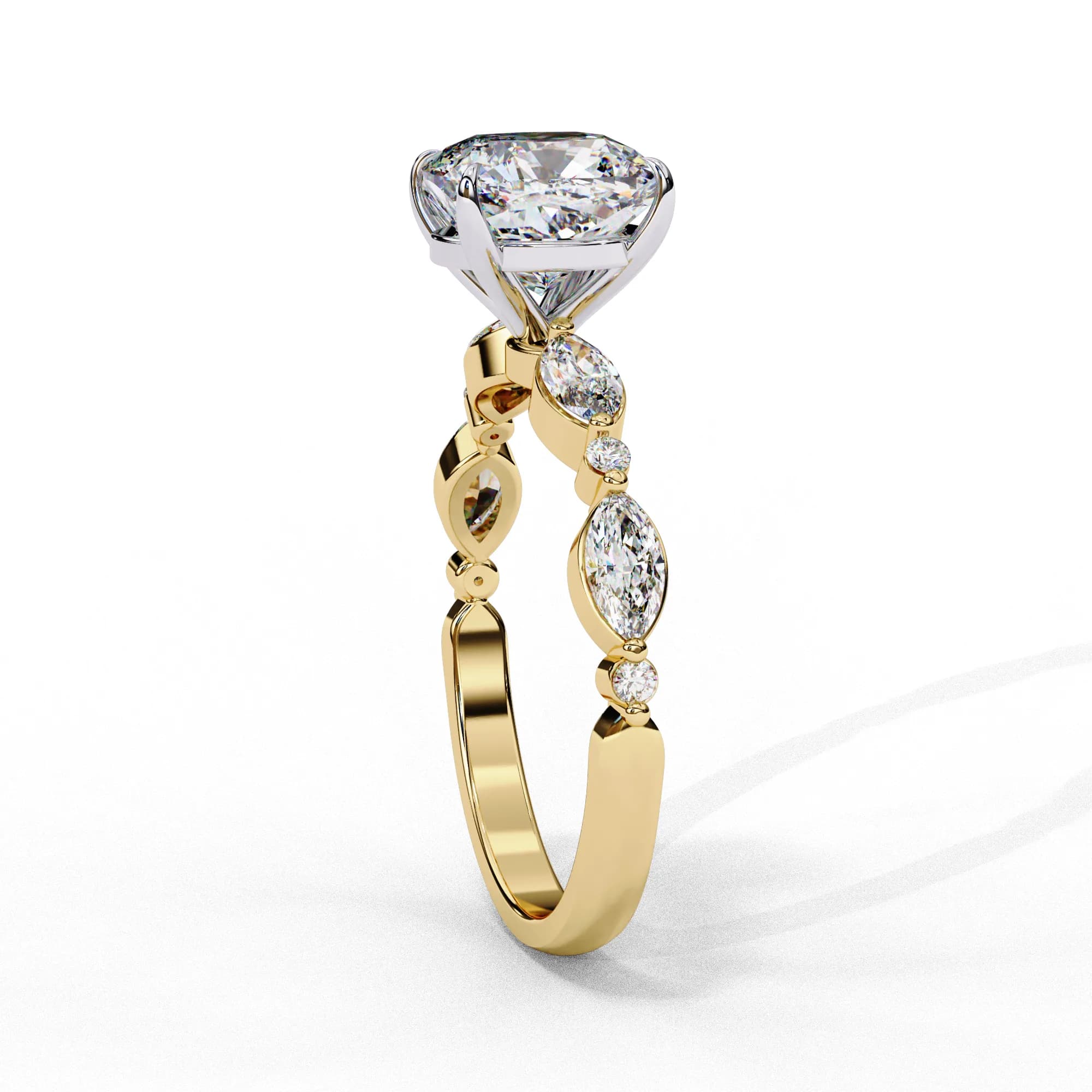 Cushion cut lab grown diamond engagement ring with marquise accents in yellow gold, profile view