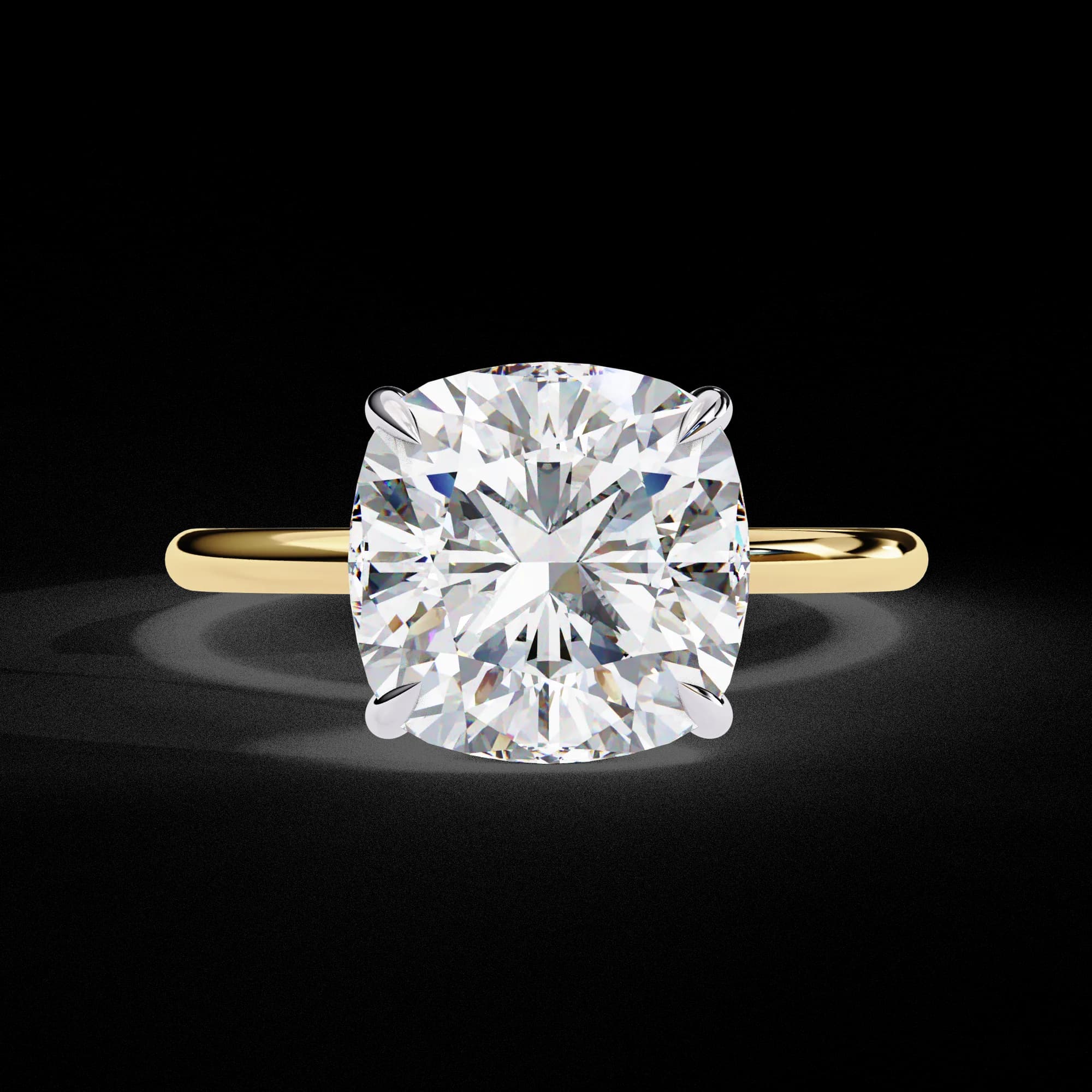 Cushion cut lab grown diamond hidden halo solitaire engagement ring in yellow gold, front view