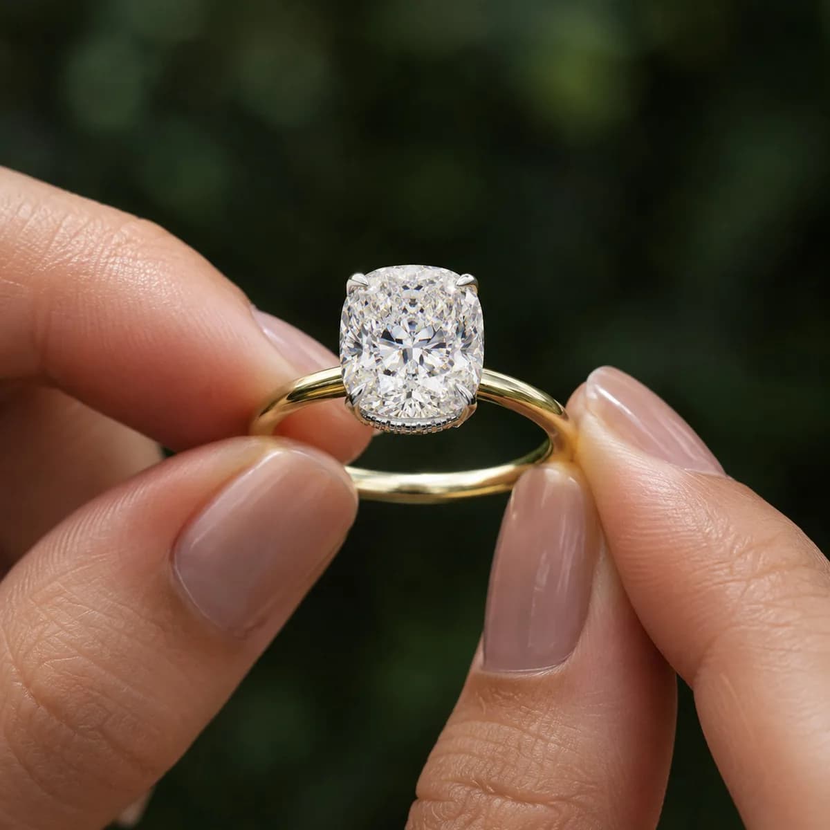 Cushion cut lab grown diamond hidden halo solitaire engagement ring in yellow gold held between fingertips