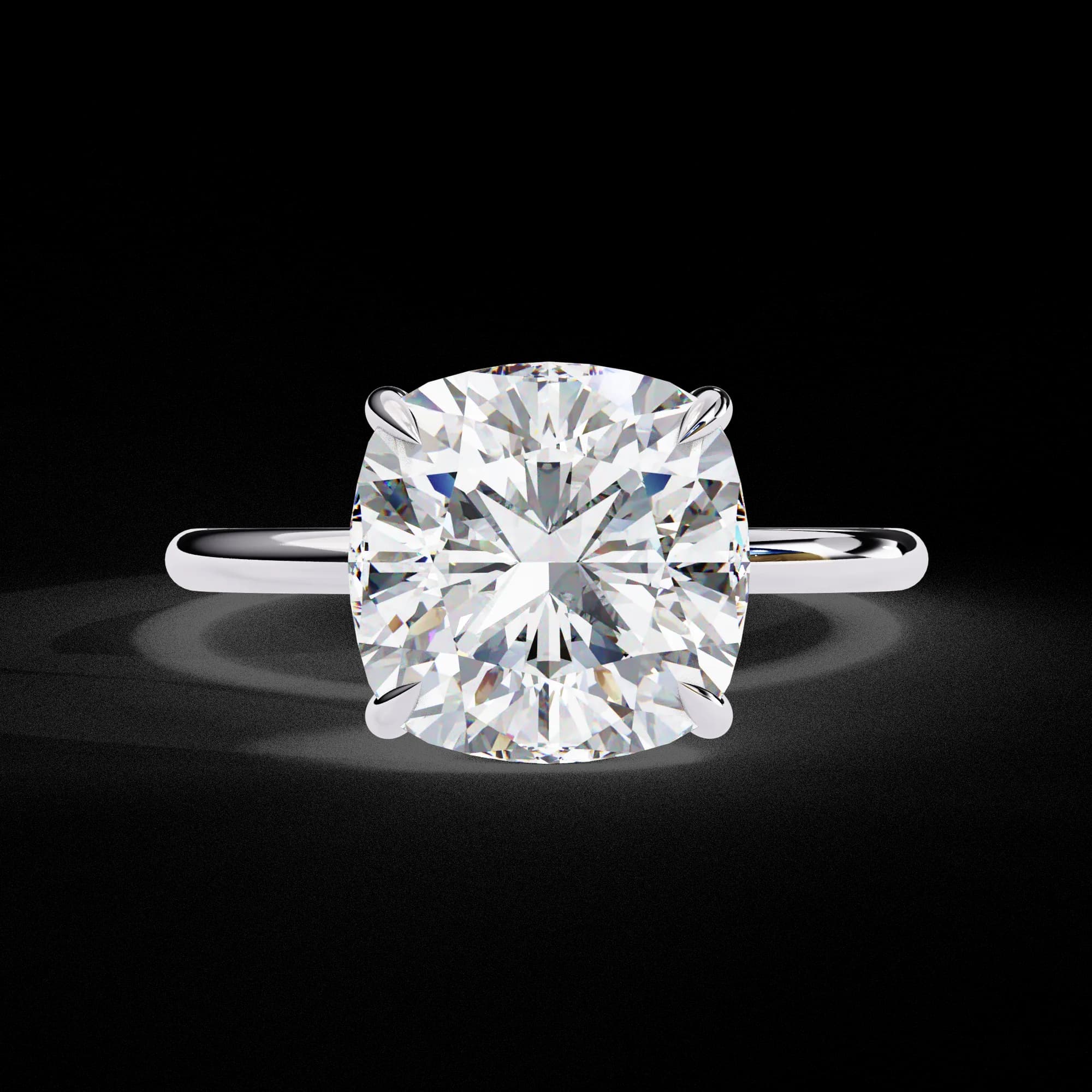 Cushion cut lab grown diamond hidden halo solitaire engagement ring in white gold, front view