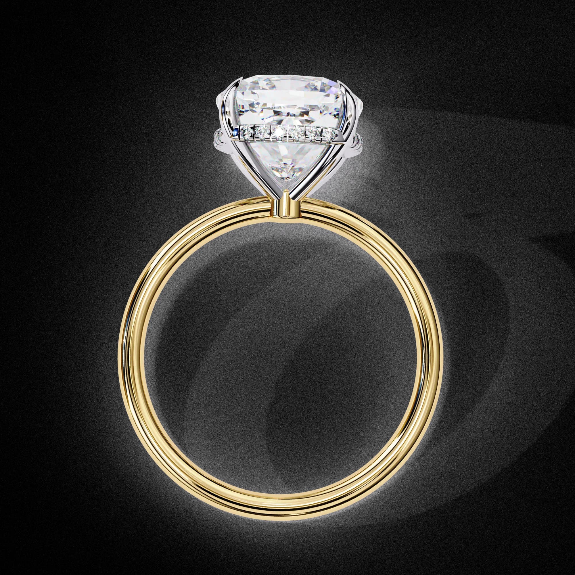 Cushion cut lab grown diamond hidden halo solitaire engagement ring in yellow gold, through-finger view