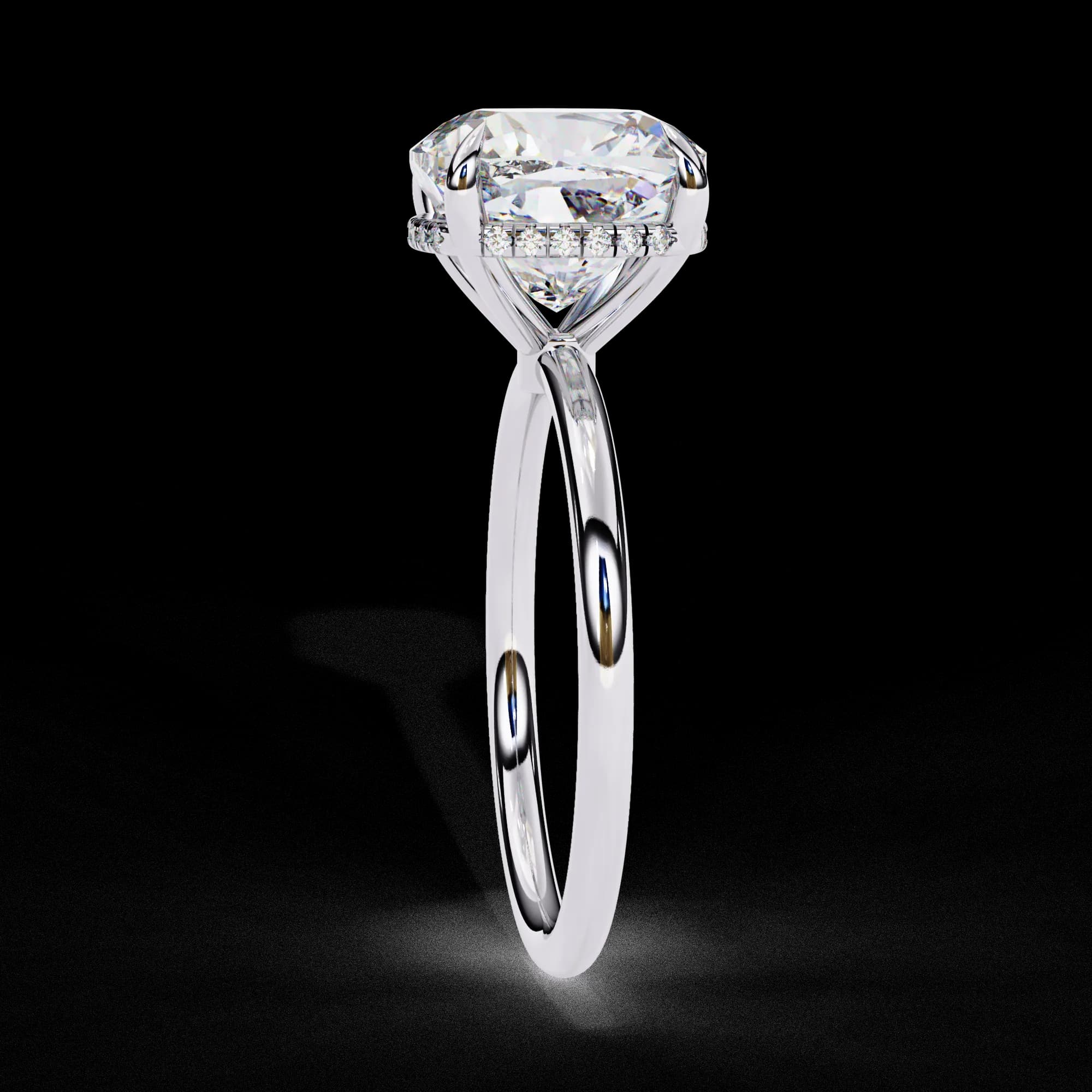 Cushion cut lab grown diamond hidden halo solitaire engagement ring in white gold, side profile view