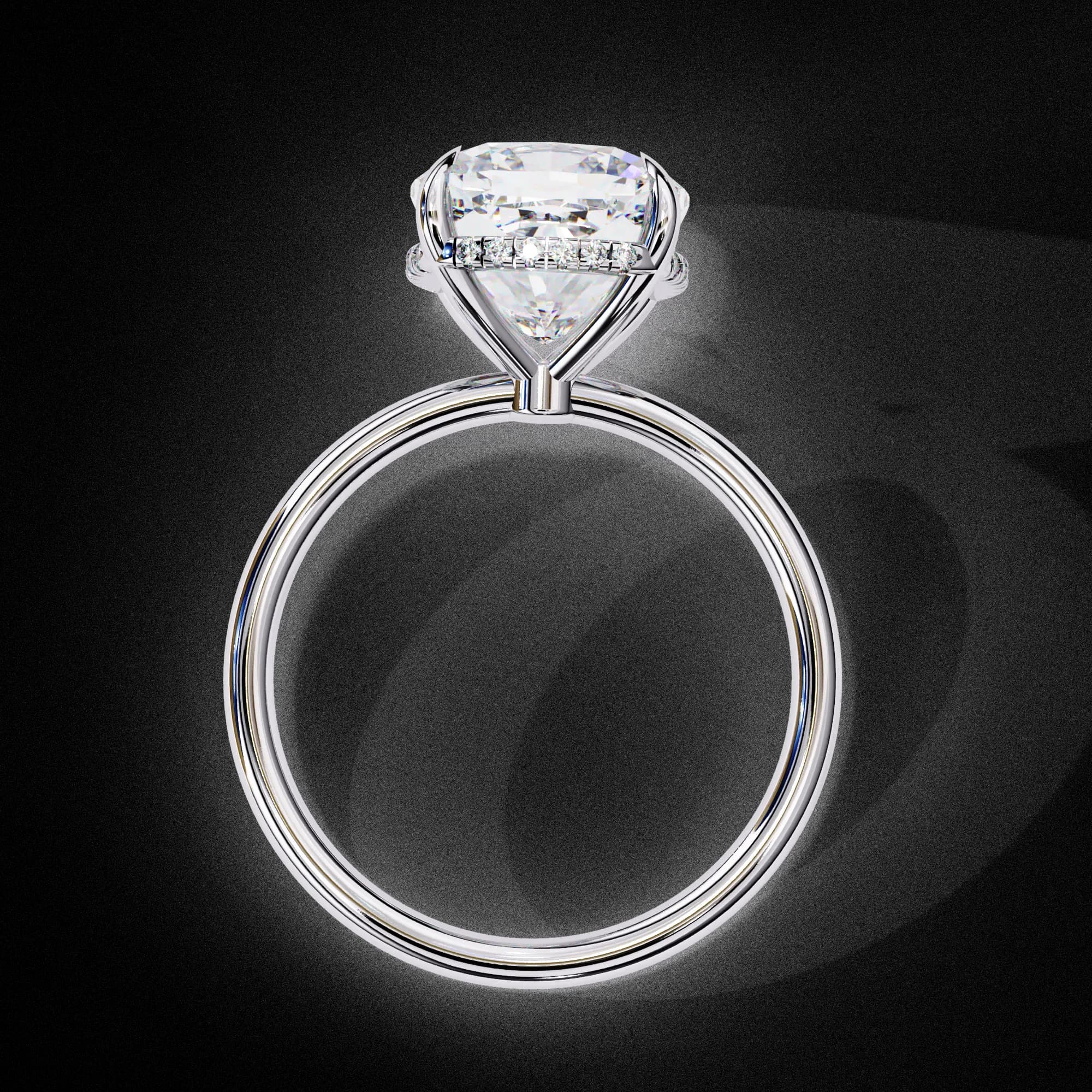 Cushion cut lab grown diamond hidden halo solitaire engagement ring in white gold, through-finger view