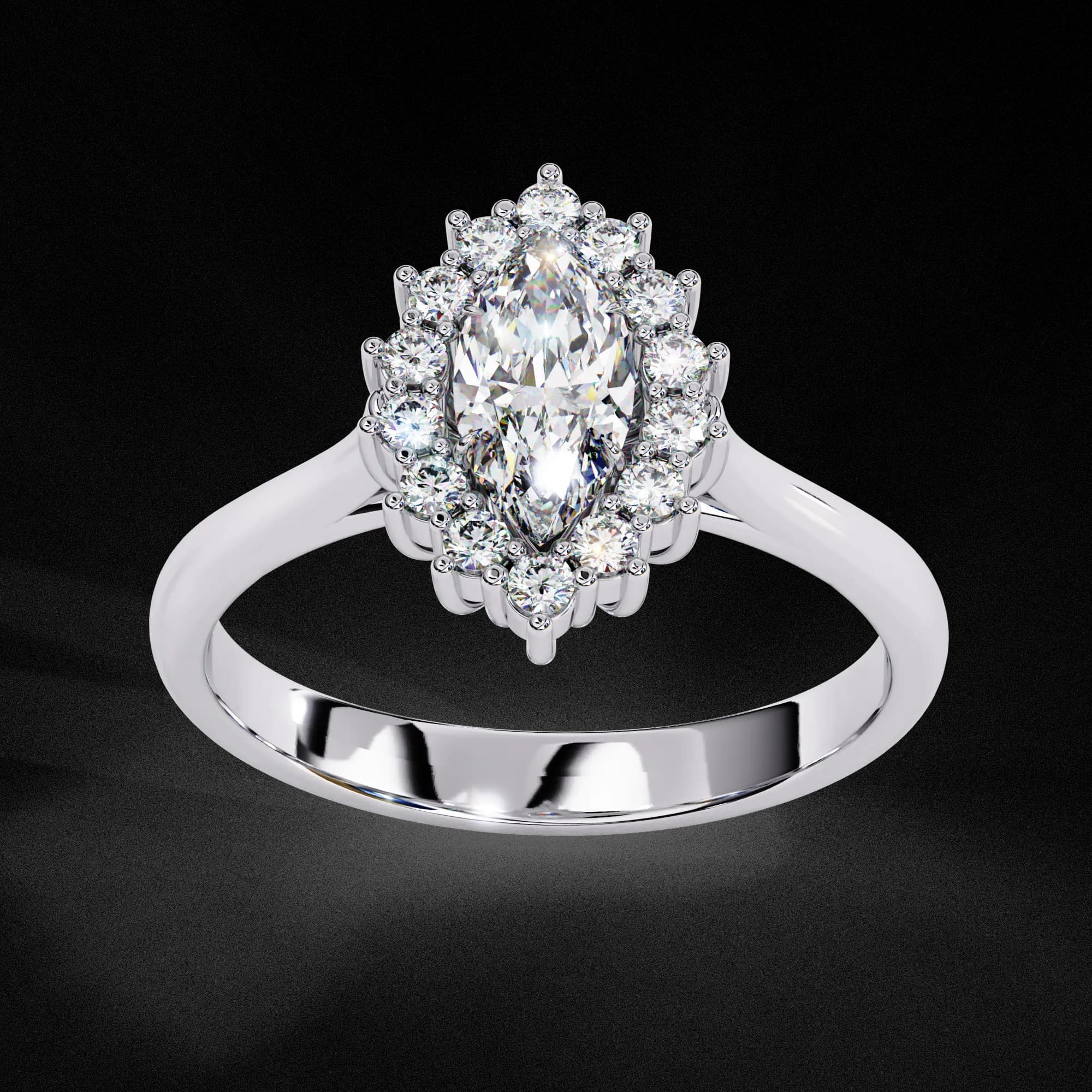 Marquise lab grown diamond cluster halo engagement ring in white gold, angled view