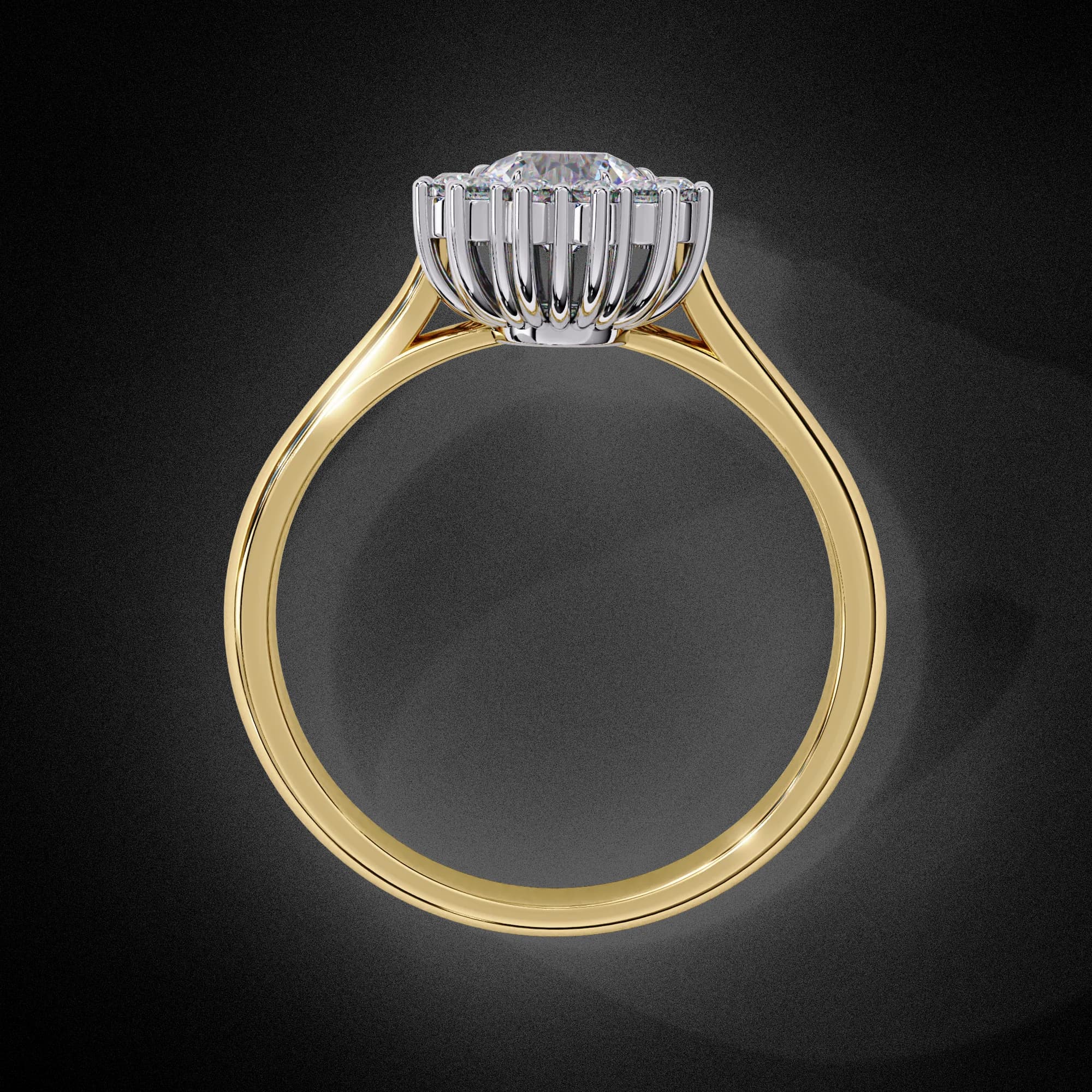 Oval lab grown diamond cluster halo engagement ring in yellow gold, through-finger view