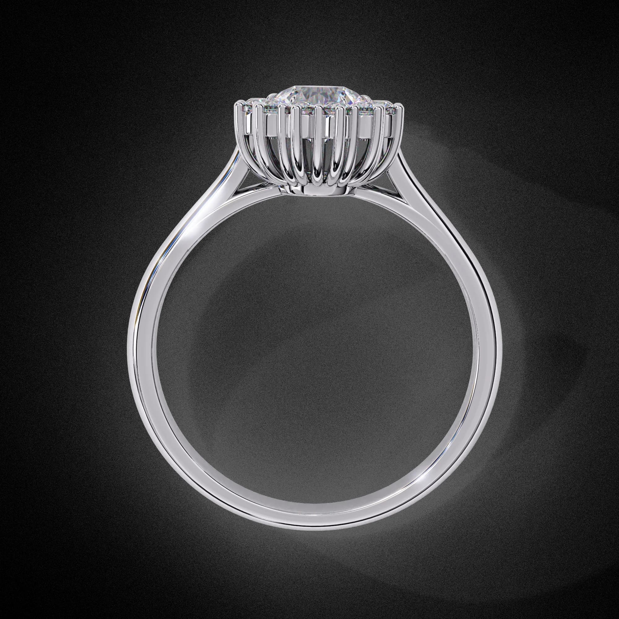 Oval lab grown diamond cluster halo engagement ring in white gold, through-finger view