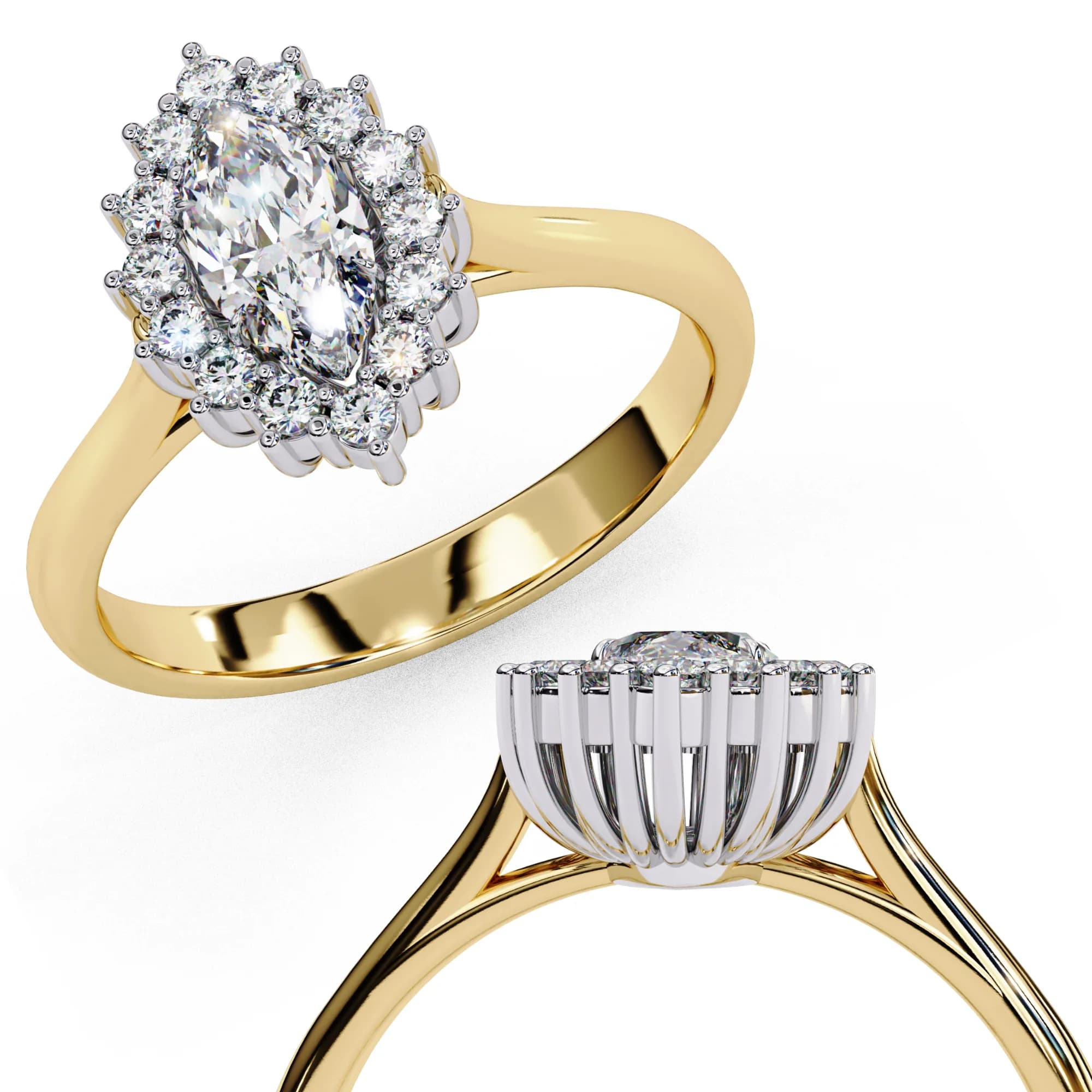 Oval lab grown diamond cluster halo engagement ring in yellow gold, angled and through-finger views