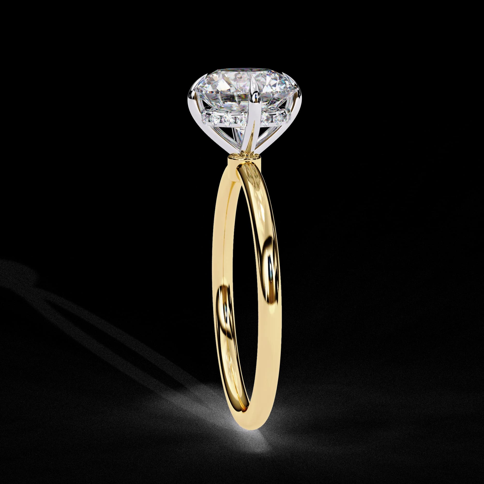 Round lab grown diamond compass prong solitaire engagement ring in yellow gold, side profile view
