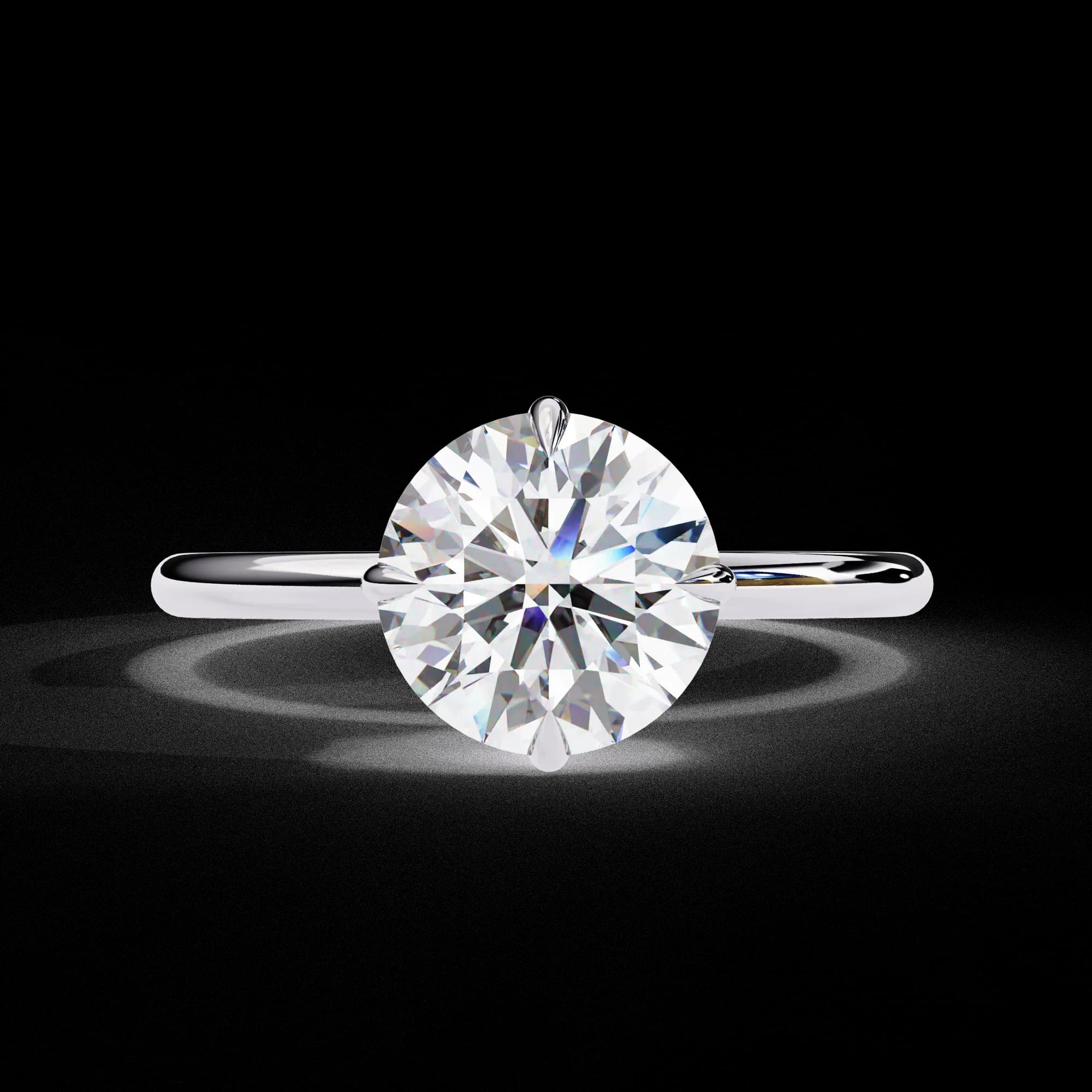 Round lab grown diamond compass prong solitaire engagement ring in white gold, front view