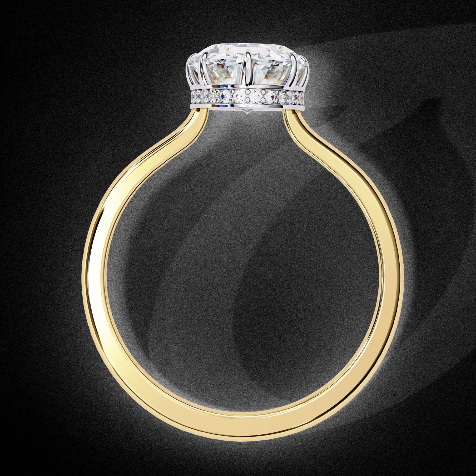 Oval lab grown diamond pavé collar hidden halo engagement ring in yellow gold, through-finger view