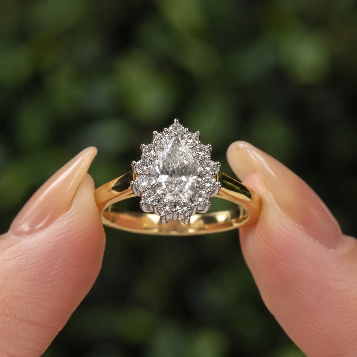 Pear cut lab grown diamond cluster halo engagement ring in yellow gold held between fingertips