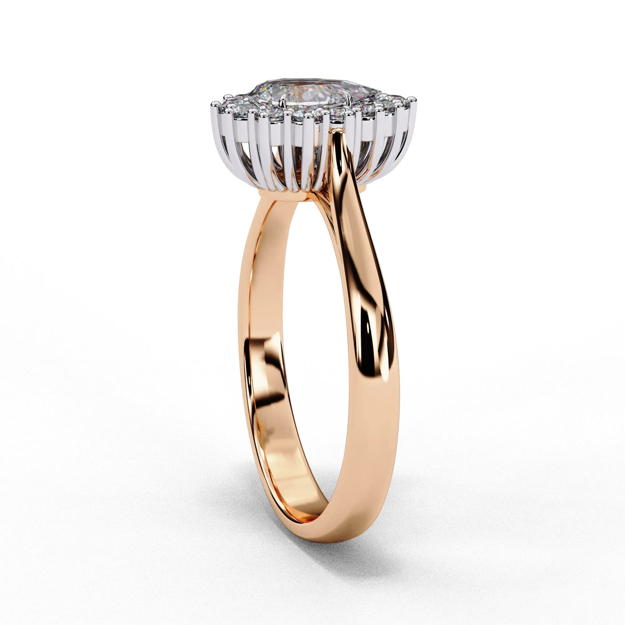 Pear cut lab grown diamond cluster halo engagement ring in rose gold, side profile view