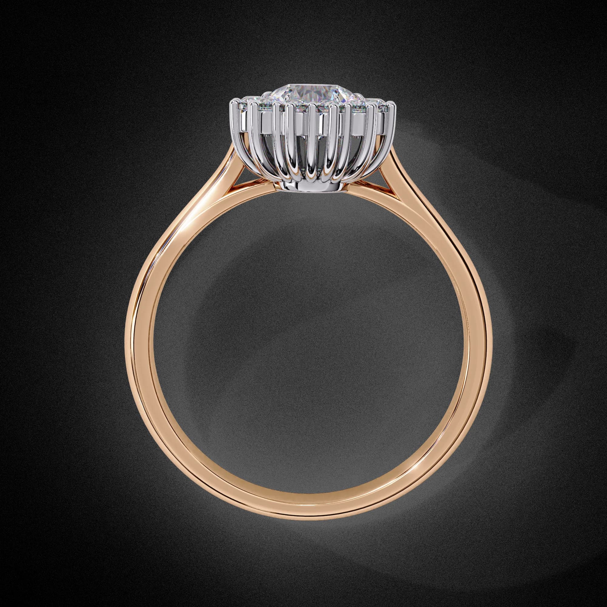 Pear cut lab grown diamond cluster halo engagement ring in rose gold, through-finger view