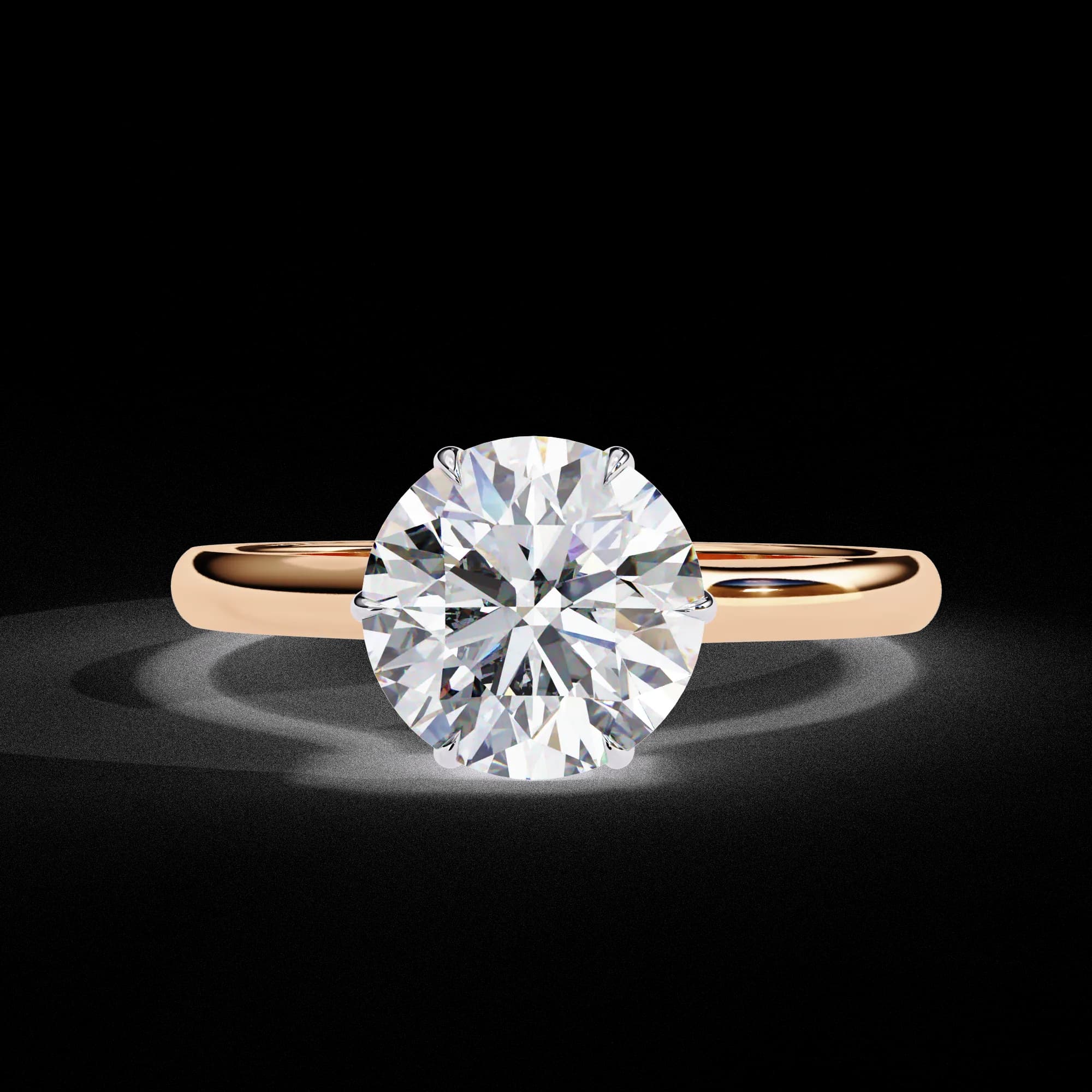 Round lab grown diamond hidden halo solitaire engagement ring in rose gold, front view