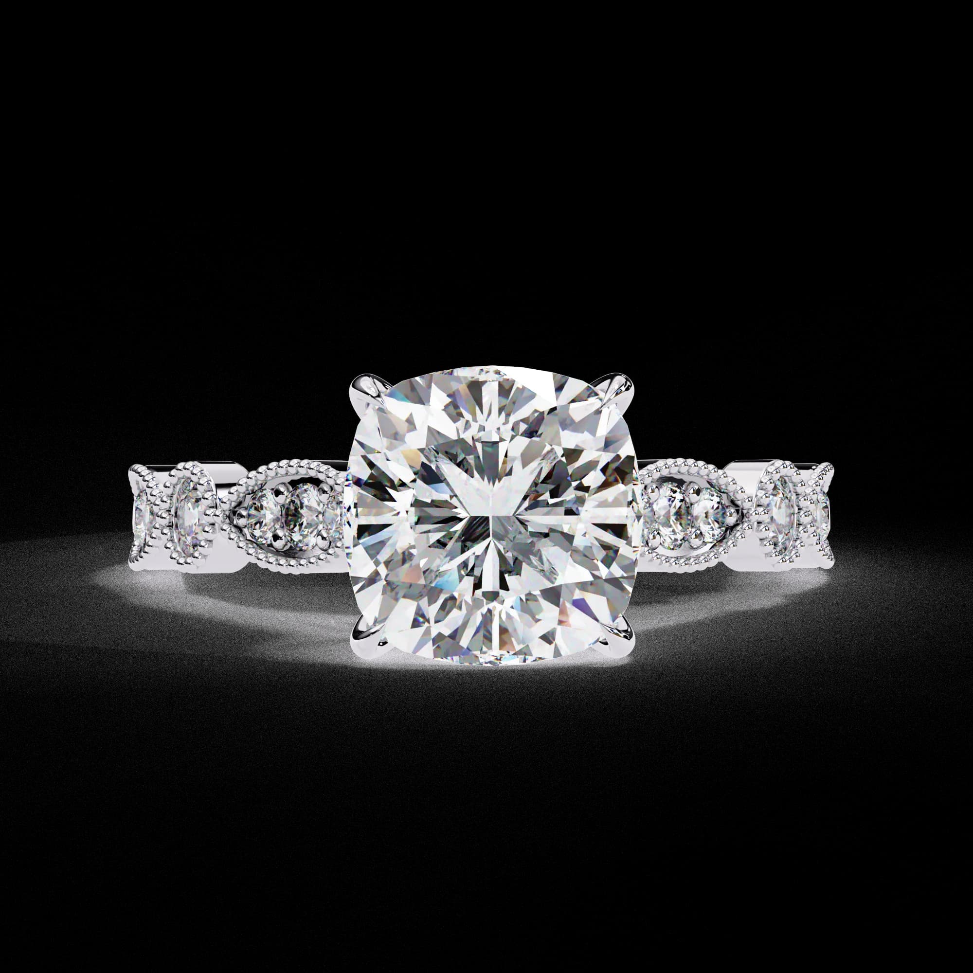Cushion cut lab grown diamond vintage milgrain engagement ring in white gold, front view