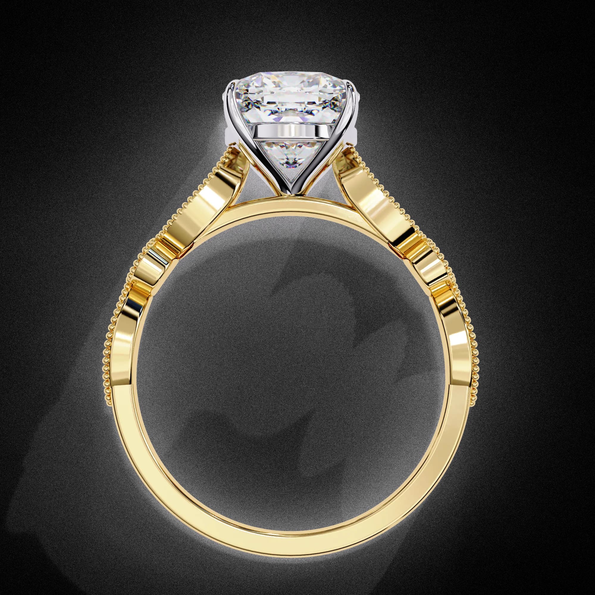 Cushion cut lab grown diamond vintage milgrain engagement ring in yellow gold, through-finger view