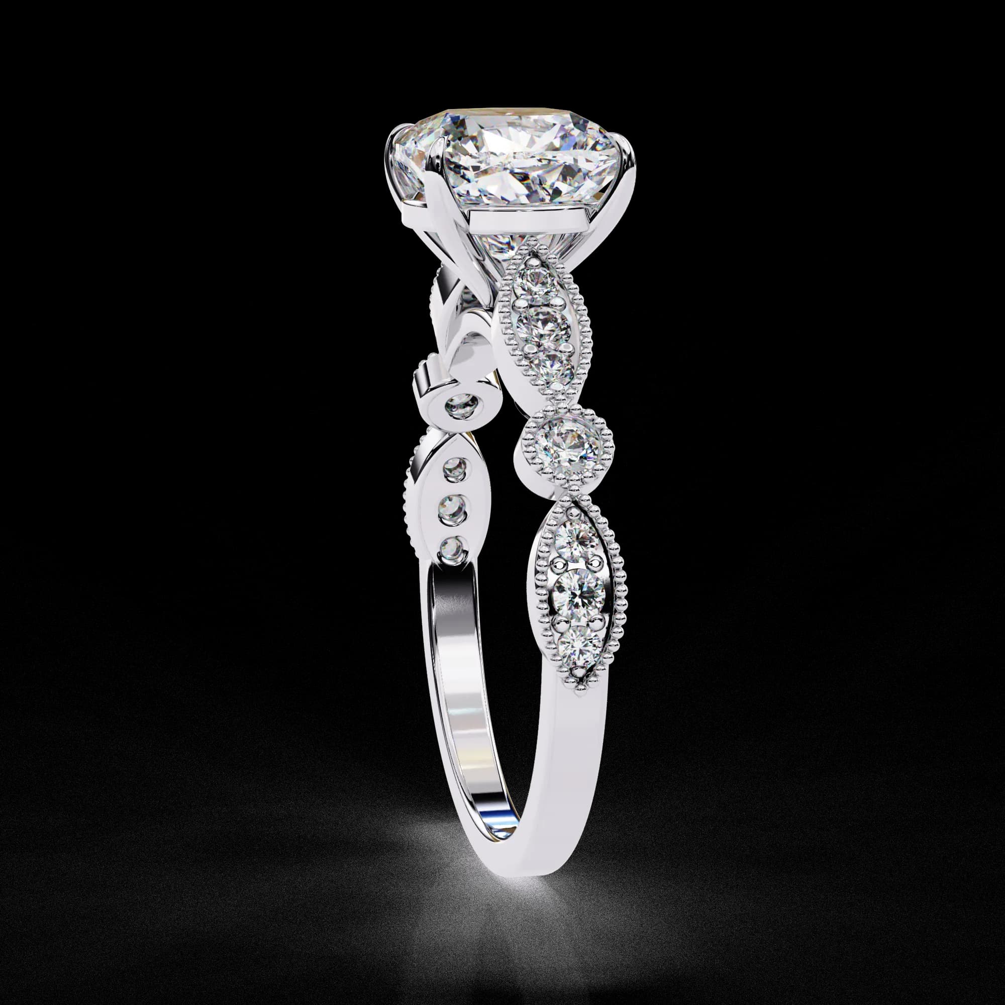 Cushion cut lab grown diamond vintage milgrain engagement ring in white gold, side profile view