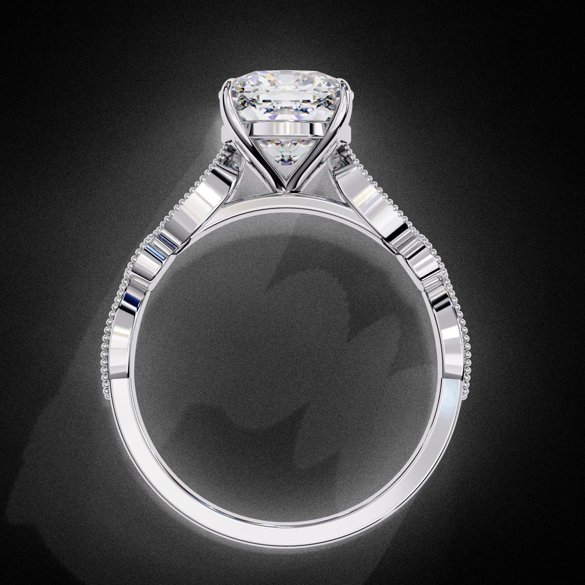 Cushion cut lab grown diamond vintage milgrain engagement ring in white gold, through-finger view