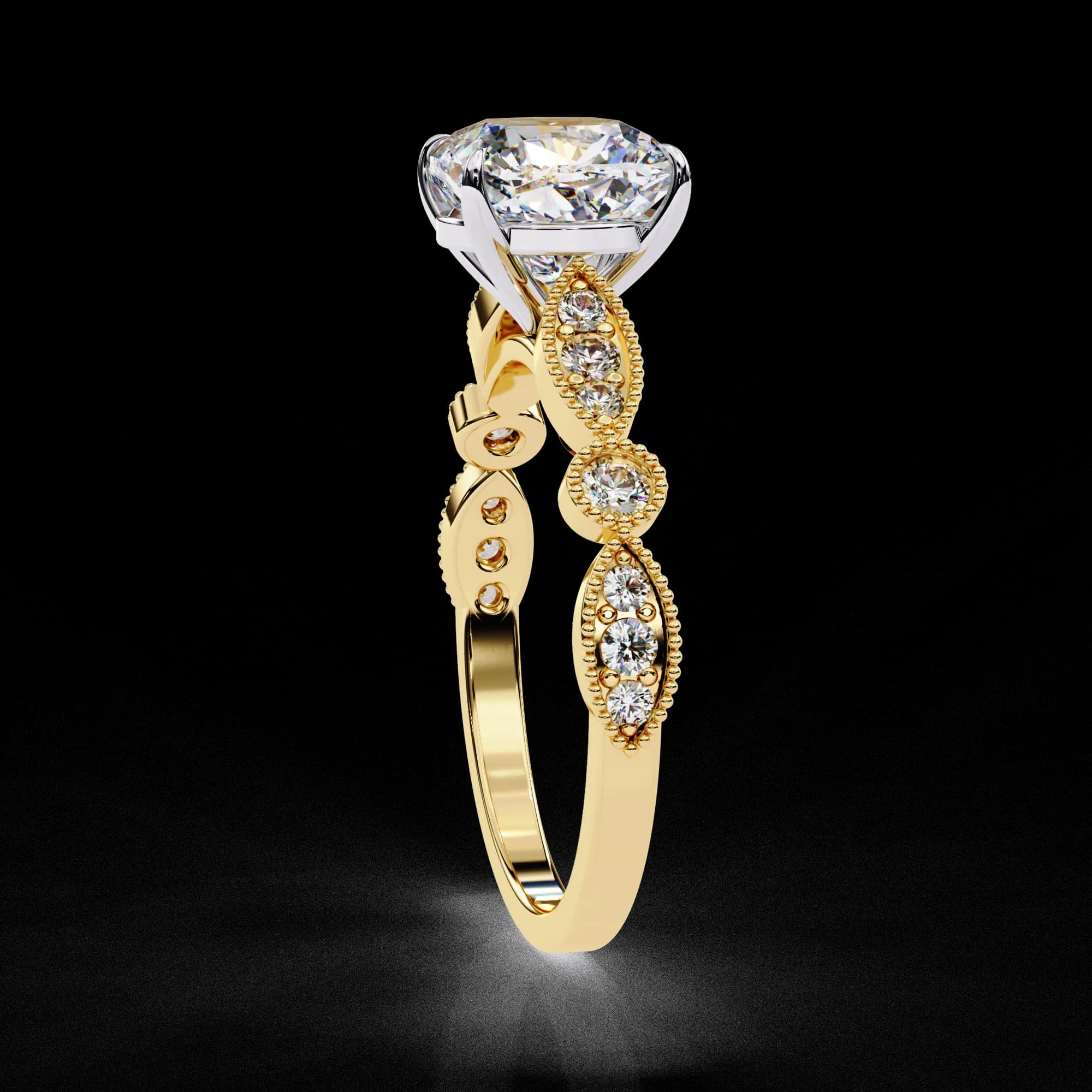 Cushion cut lab grown diamond vintage milgrain engagement ring in yellow gold, side profile view