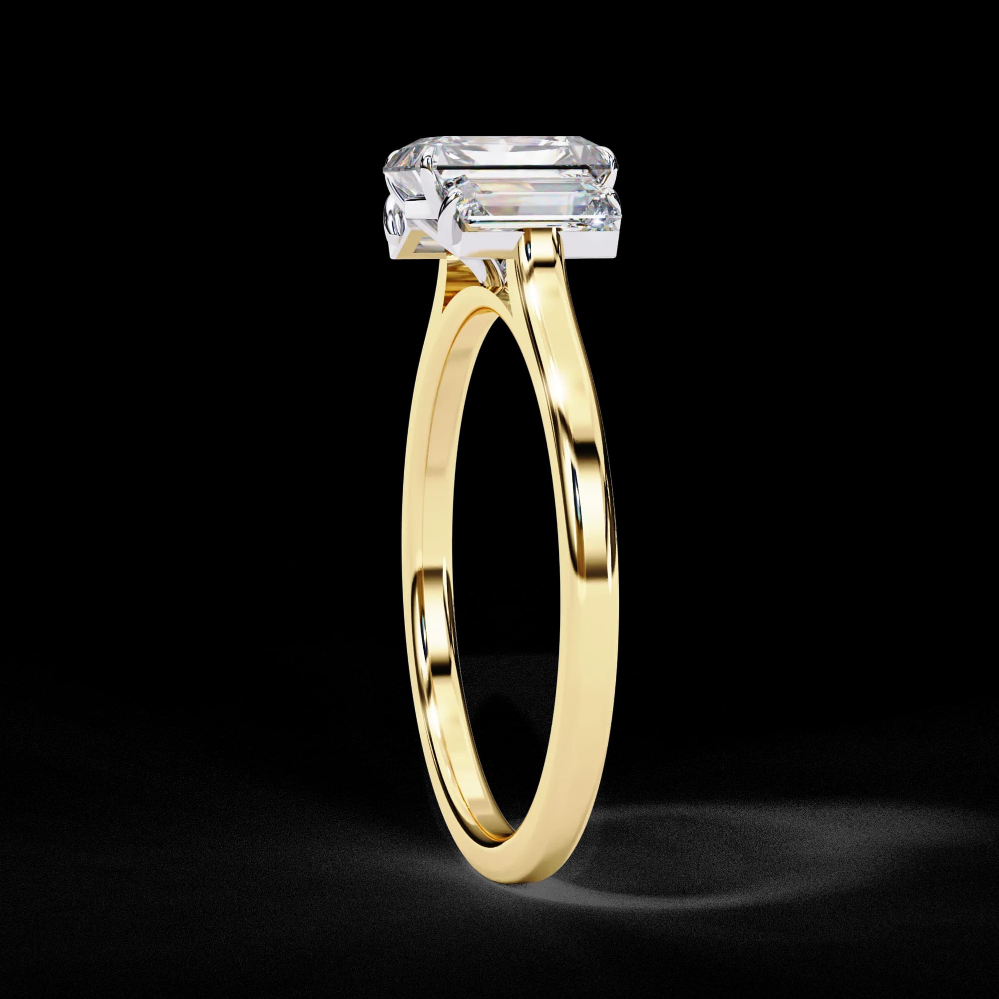 Radiant cut lab grown diamond three-stone engagement ring in yellow gold, side profile view