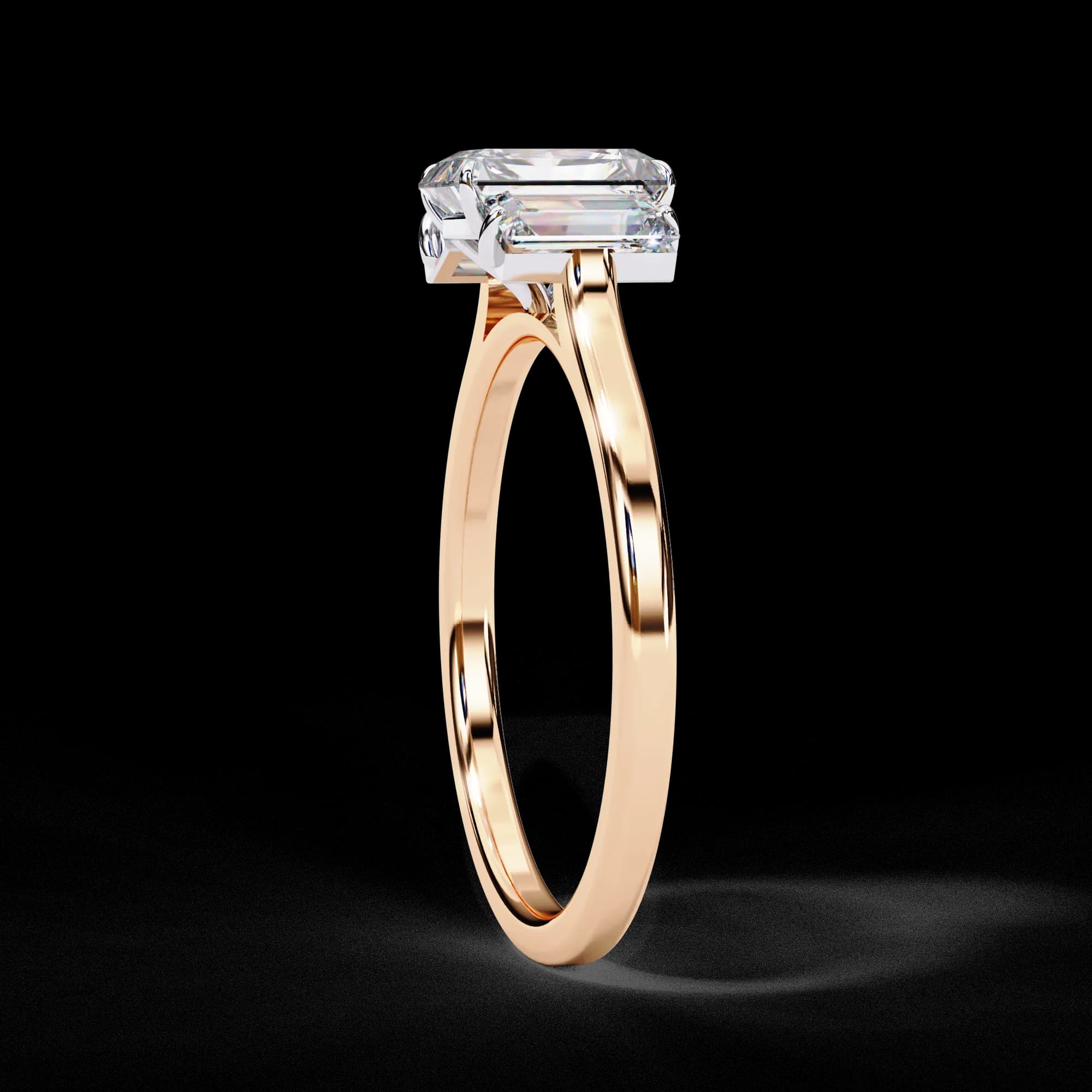 Radiant cut lab grown diamond three-stone engagement ring in rose gold, side profile view