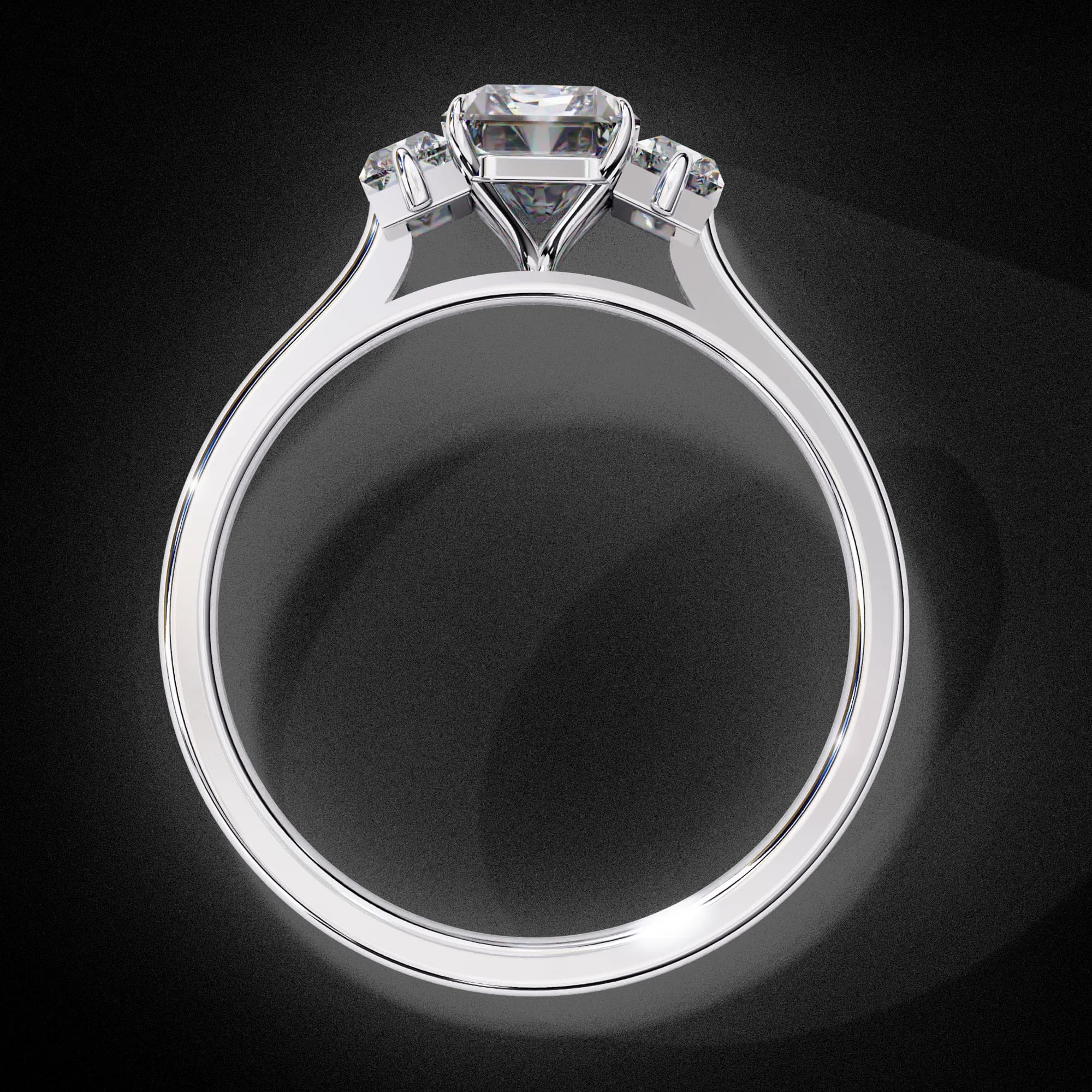 Radiant cut lab grown diamond three-stone engagement ring in white gold, through-finger view