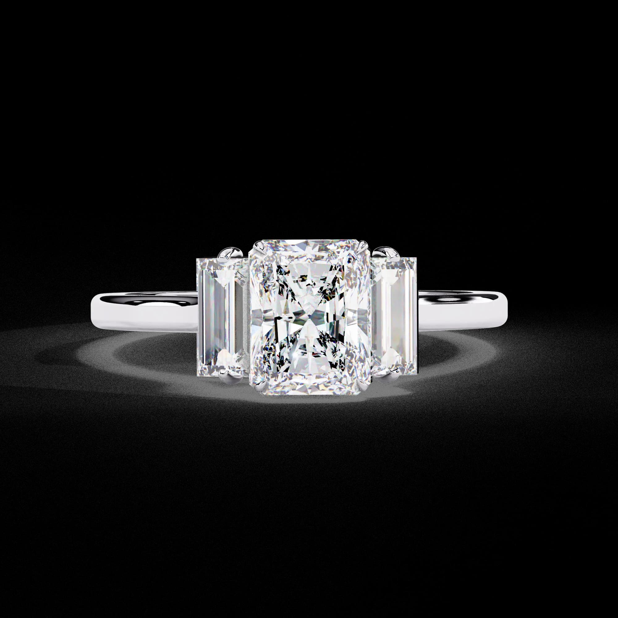 Radiant cut lab grown diamond three-stone engagement ring in white gold, front view